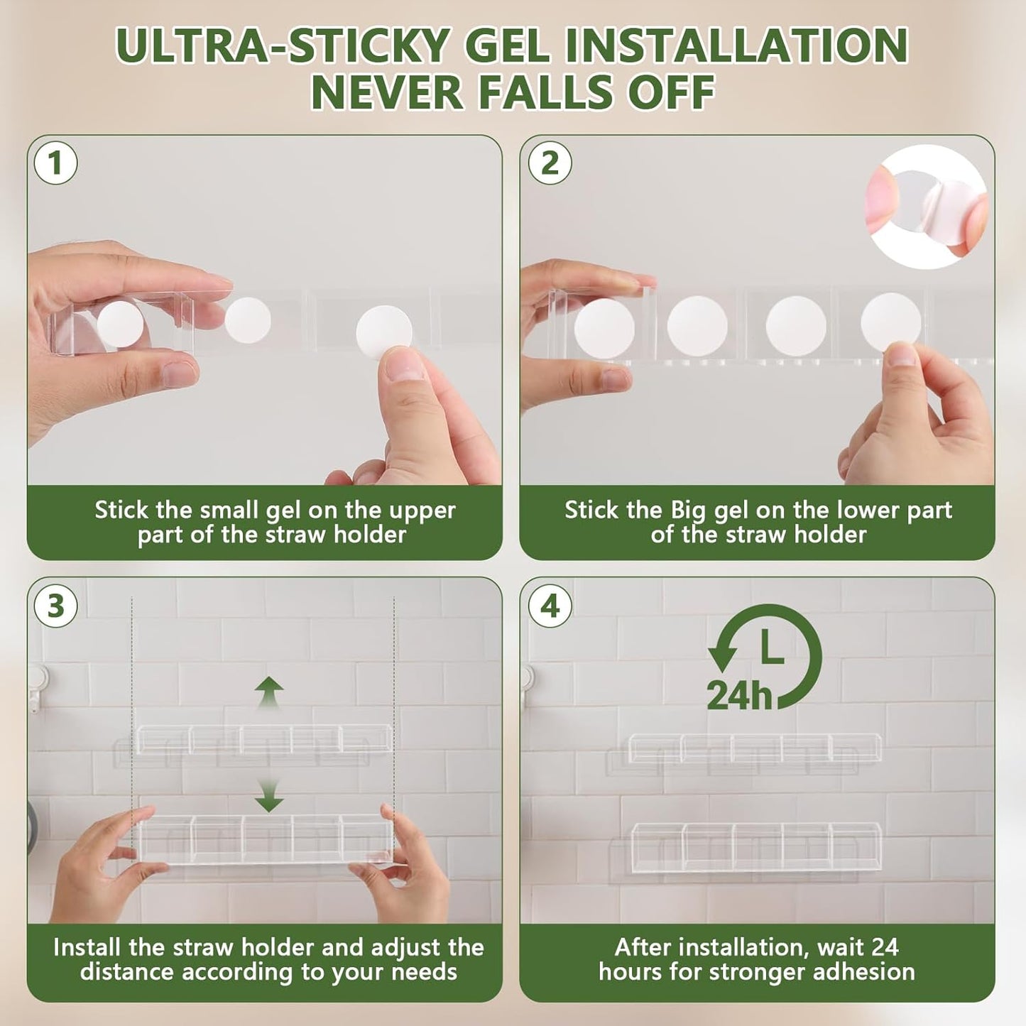 9.5” Large Acrylic Straw Holder for Cabinet Door - Reusable Tumbler Straw Organizer Storage, Small Kitchen Accessories Container, Ultra Sticky Cupboard Door Mounted (Transparent)