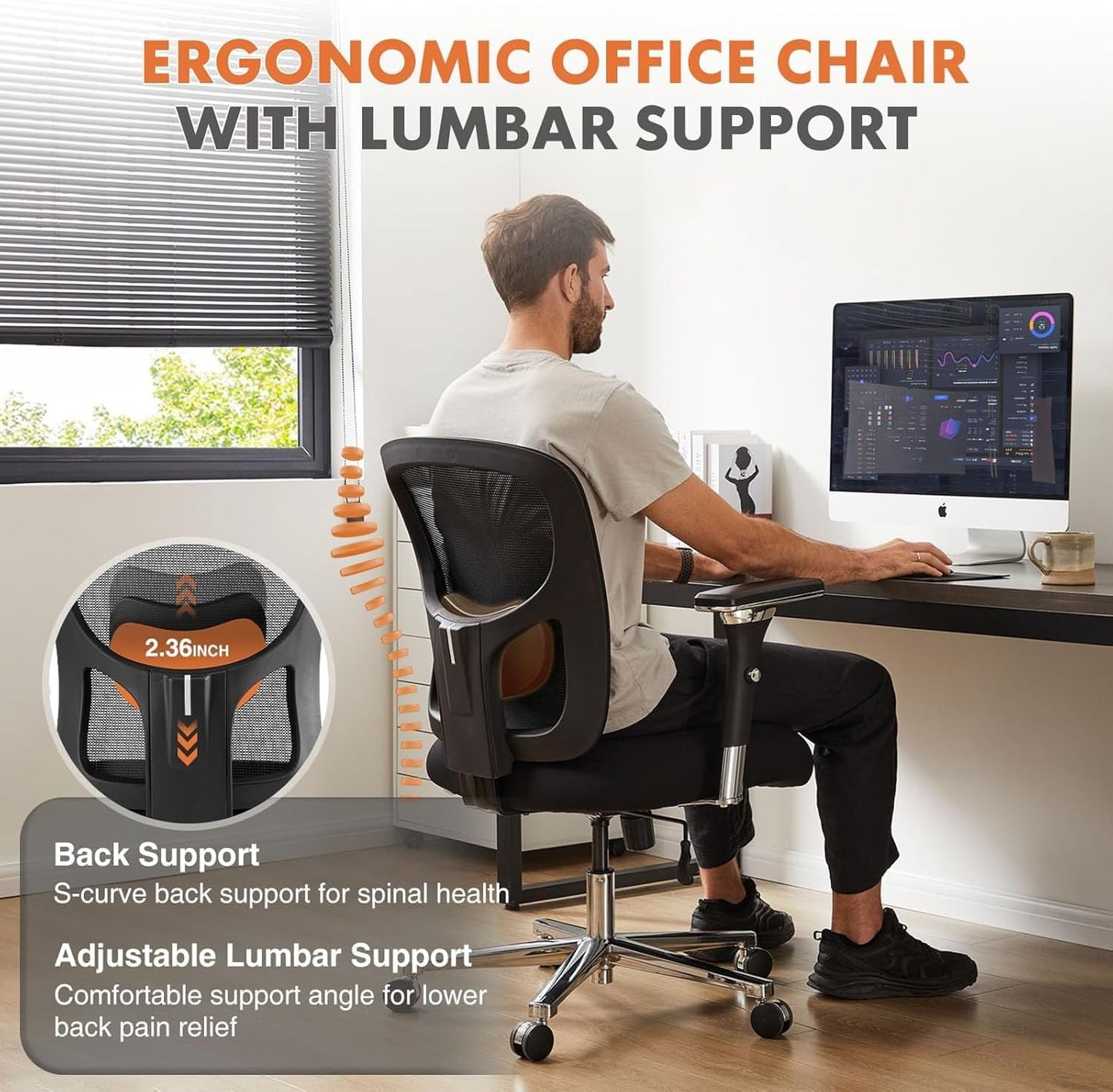 Sweetcrispy Big and Tall Office Desk Chair with Lumbar Support, 500lbs Heavy Duty Mesh Ergonomic Computer Chair with 4D Armrest and Wide Comfy Seat, Wheels for Adult
