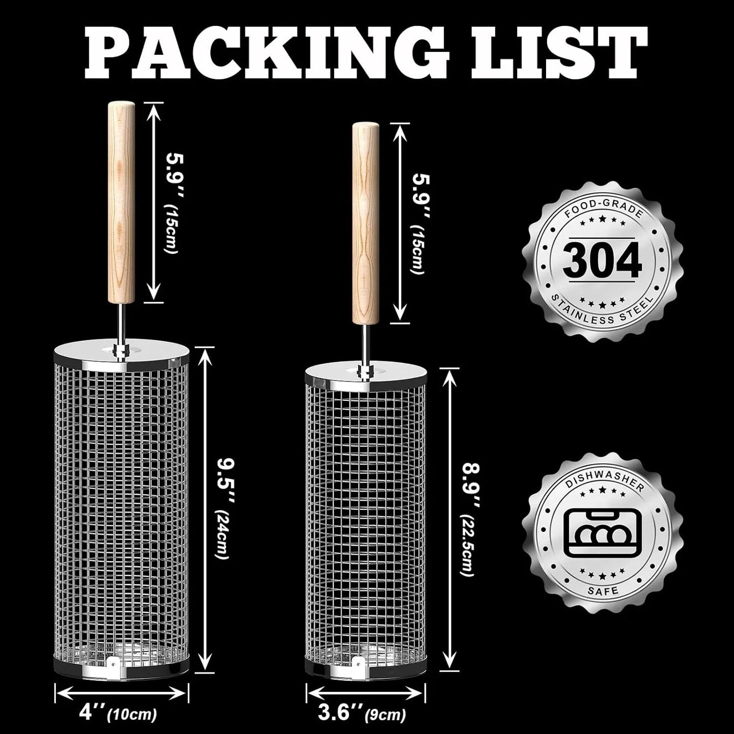 Nesting Grill Baskets (2PCS) with Removable Wooden Handle, Stainless Steel BBQ Tools - Cart Shape