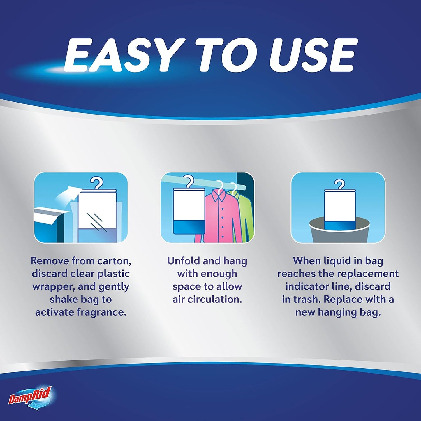 DampRid Fresh Scent Hanging Moisture Absorber, 1 Pound (Pack of 3) - Eliminates Musty Odors for Fresher, Cleaner Air, Ideal for Closet, 14% More Moisture Absorbing Power*- Blue