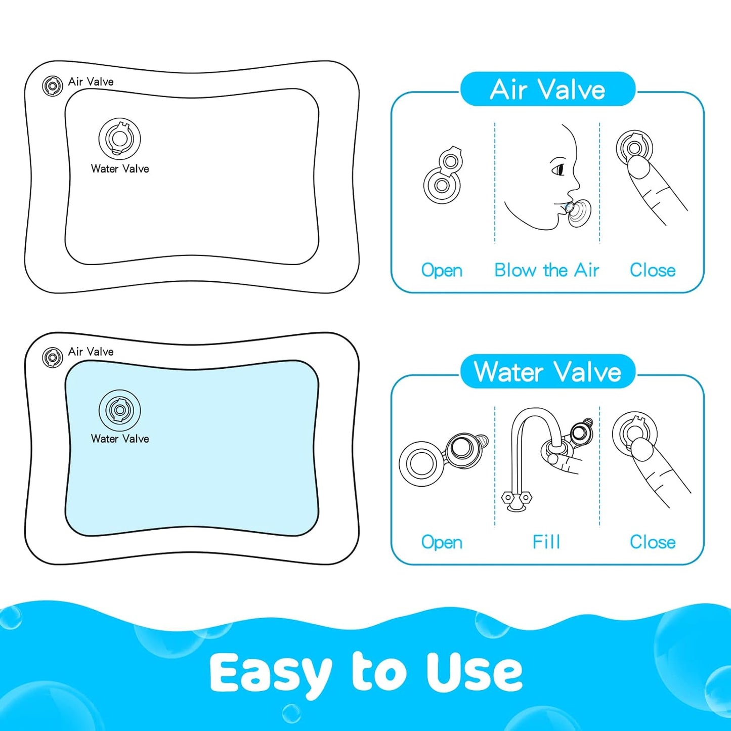Diagram of an inflatable pool with air and water valves labeled, showing how to operate them.