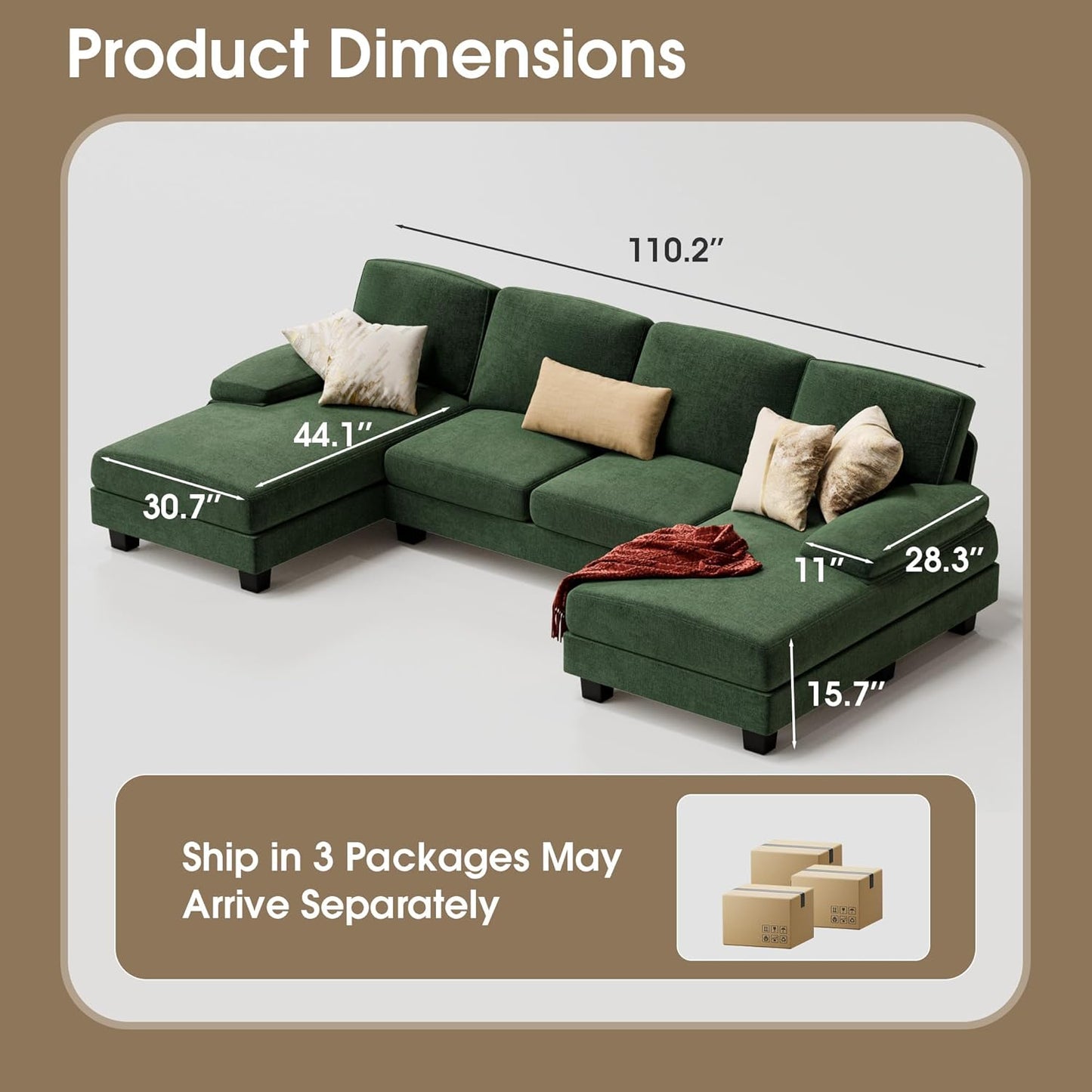 Furmax Sectional Couches for Living Room, U-Shaped Sofa Couch with Linen Fabric, 4 Seat Sofa Set with Double Chaise for Apartment (Fabric, Green)