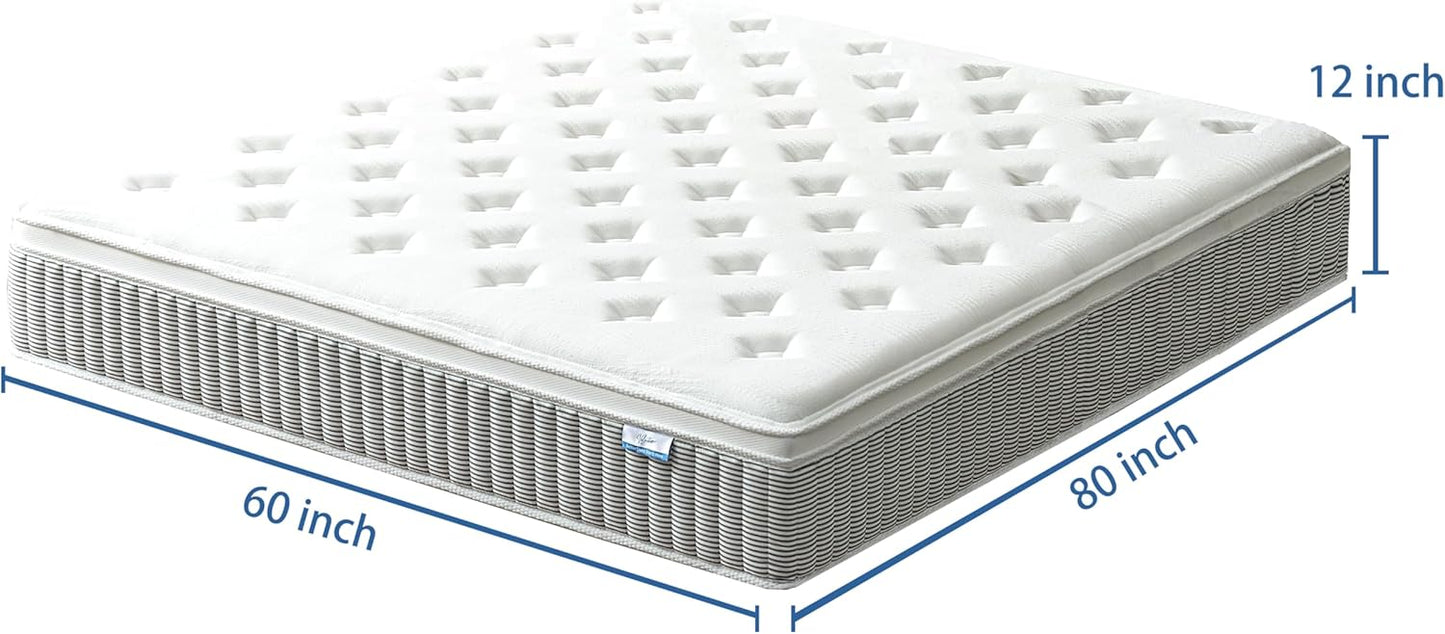 Queen Mattress, 12 Inch Memory Foam Hybrid Mattress in a Box with Pocket Springs for Motion Isolation, Pressure Relief, Medium Firm, CertiPUR-US
