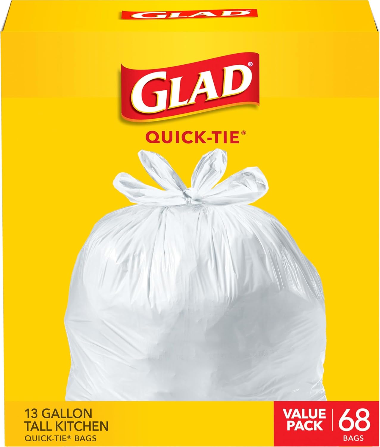 Glad Tall Kitchen Trash Bags 13 Gallon, Unscented Garbage Bags, Quick-Tie, 68 Count