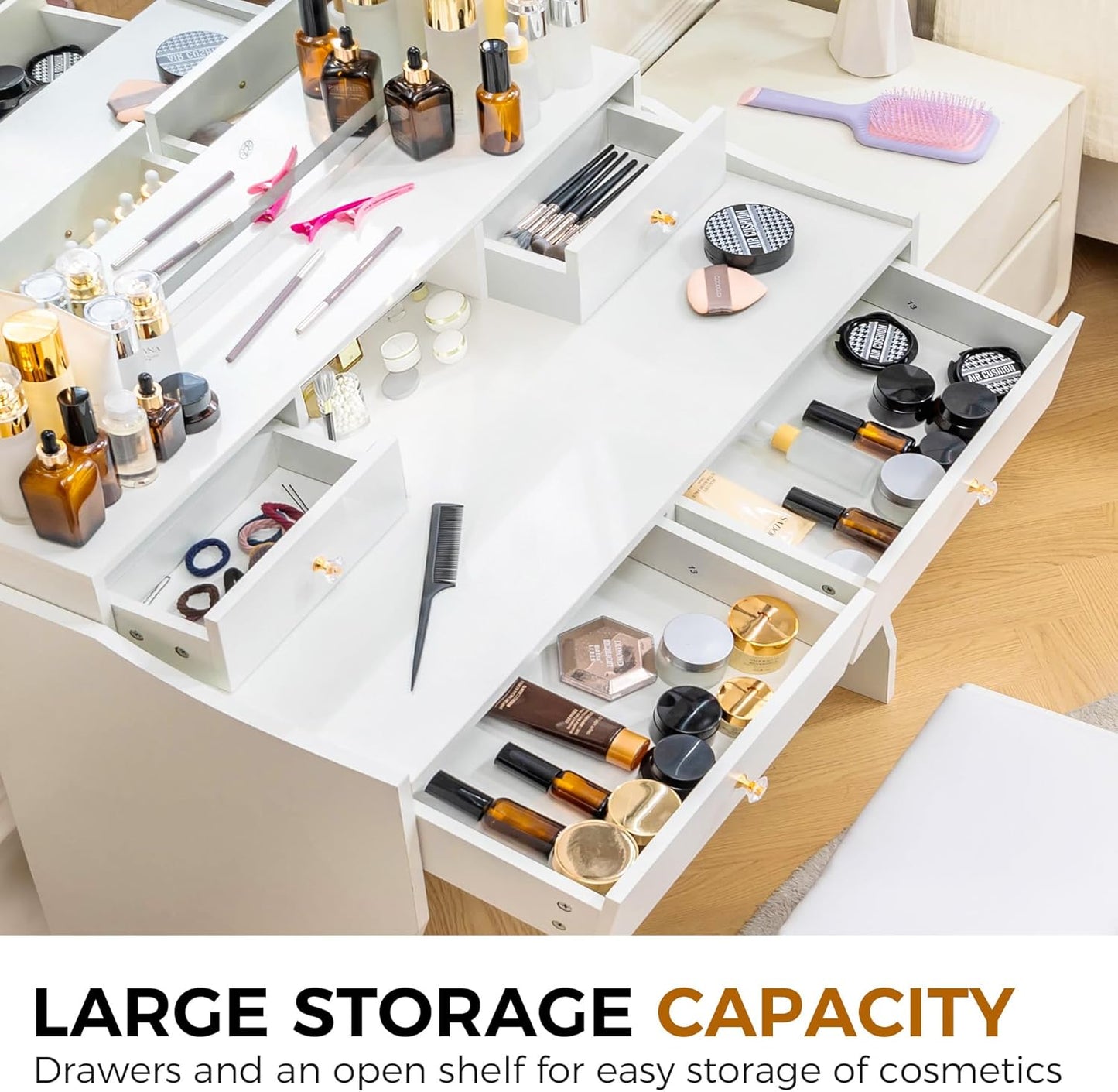 COMHOMA Makeup Vanity Desk with Mirror and Lights, Vanity Table and Chair Set with 5 Drawers and Charging Station, Bedroom Dresser LED Mirror Stepless Dimmable & 3 Color Modes Adjustable, White