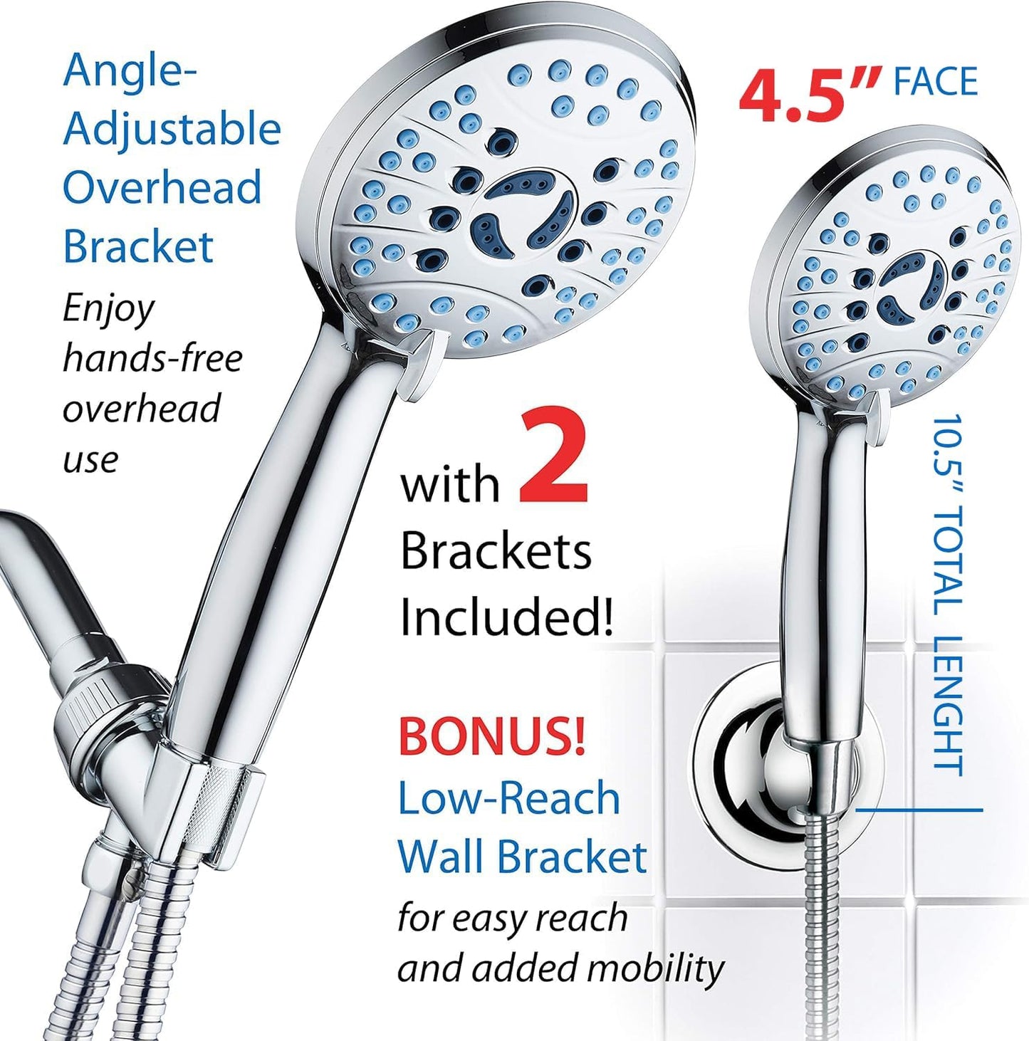 AquaCare High Pressure 8-mode Handheld Shower Head - Anti-clog Nozzles, Built-in Power Wash to Clean Tub, Tile & Pets, Extra Long 6 ft. Stainless Steel Hose, Wall & Overhead Brackets