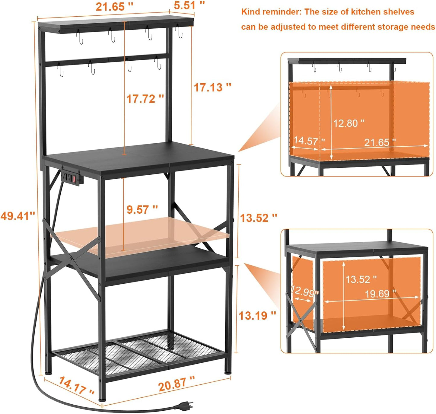 Kitchen Bakers Rack with Power Outlet, Coffee Bar Table 4 Tiers, Microwave Stand with 8 Hooks, Coffee Station and Organizer, Kitchen Storage Shelves Rack for Spices, Pots, Black
