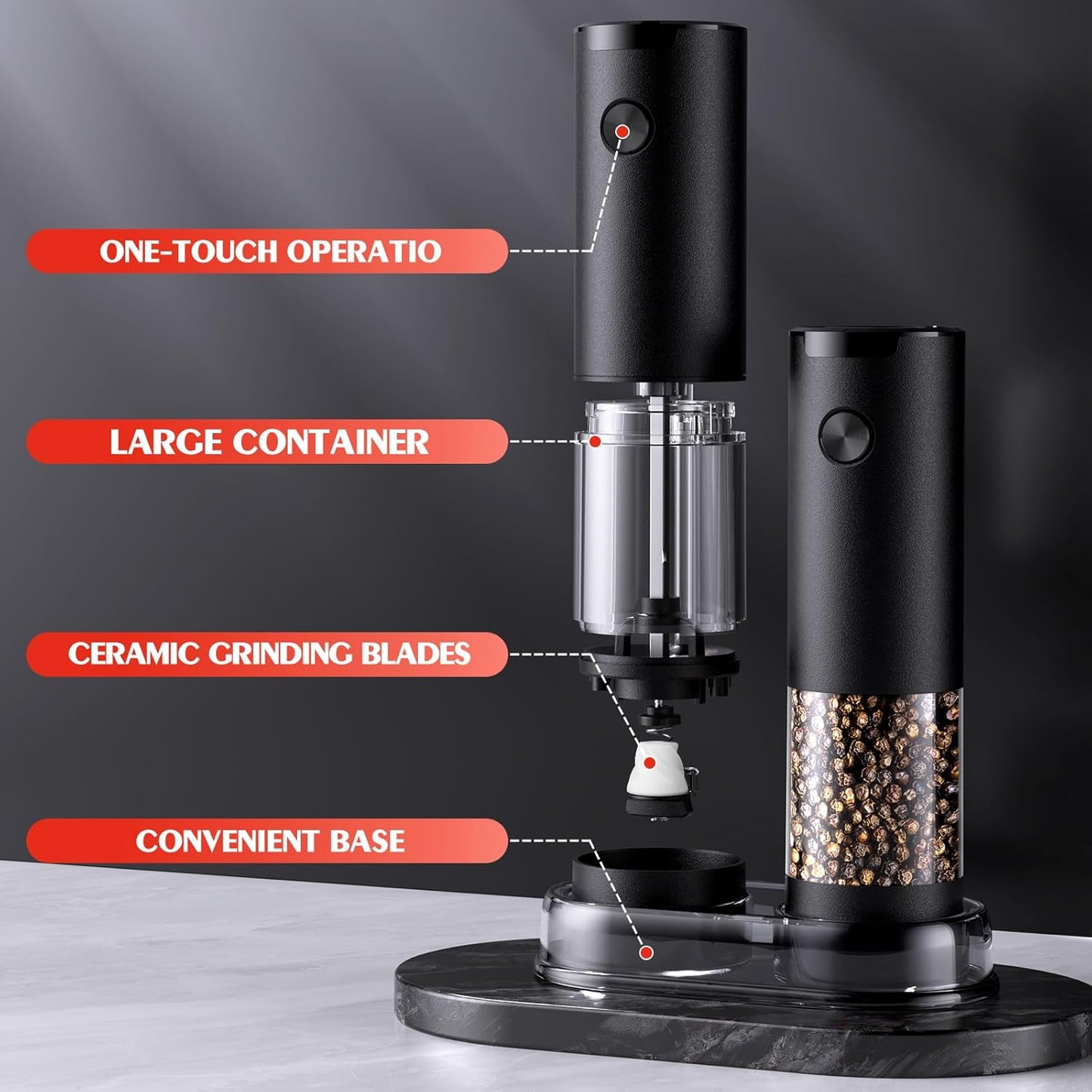 Electric Salt and Pepper Grinder Set Automatic Battery Pepper Mill Shakers Adjustable Coarseness Easy Filling Upgraded Larger Capacity with Led Kitchen Appliances (2 Pack Black/Black)