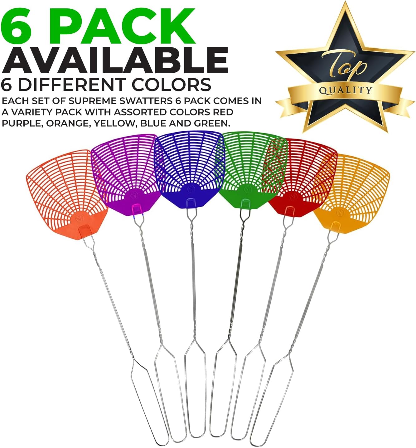 Supreme Bug & Fly Swatter 6-Pack – Braided Metal Handle 6 Pack Fly Swatters, Multi Pack Colors, – for Indoor/Outdoor – Flyswatter
