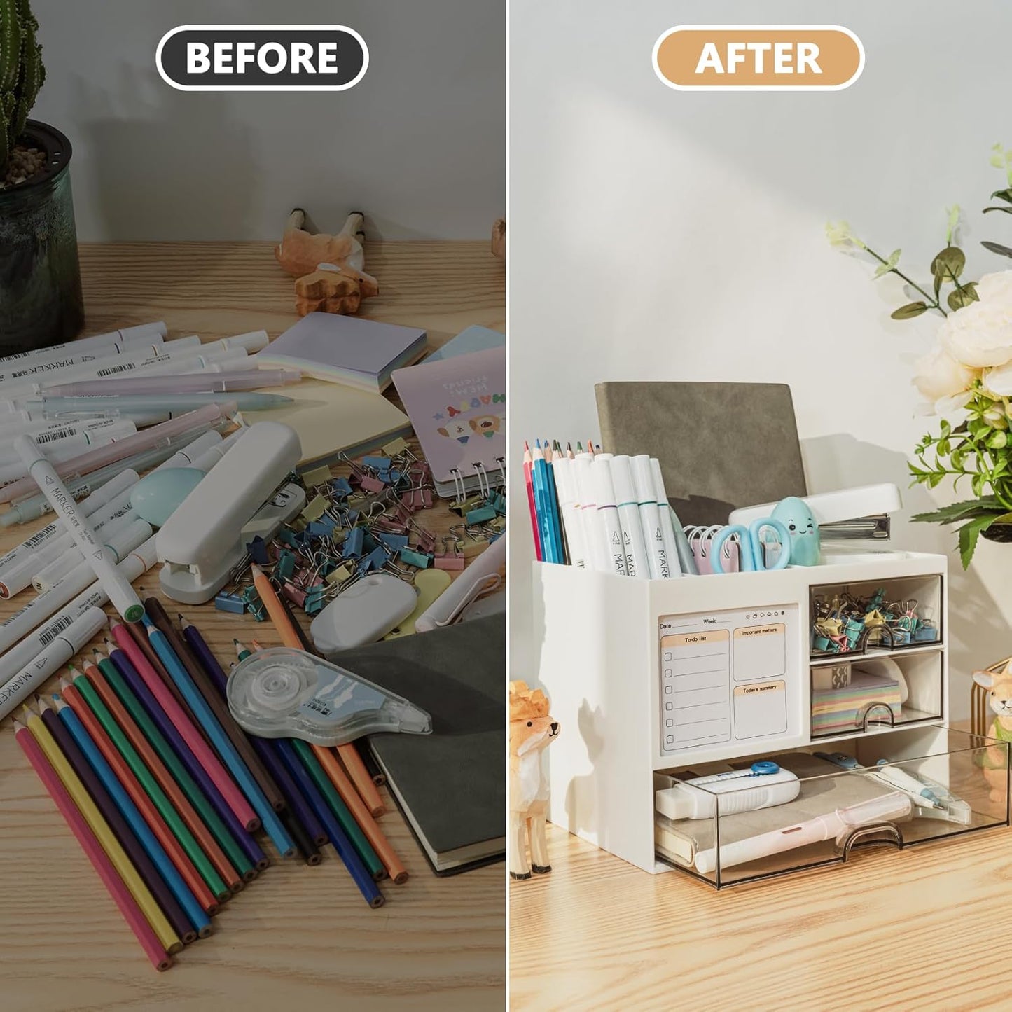 Desk Organizer with 3 Drawer, Multi-Functional Pencil Pen Holder for Desk, Desk Organizers and Storage with 8 Compartments, Desktop Organizer for Office Home Art Supplies (White)