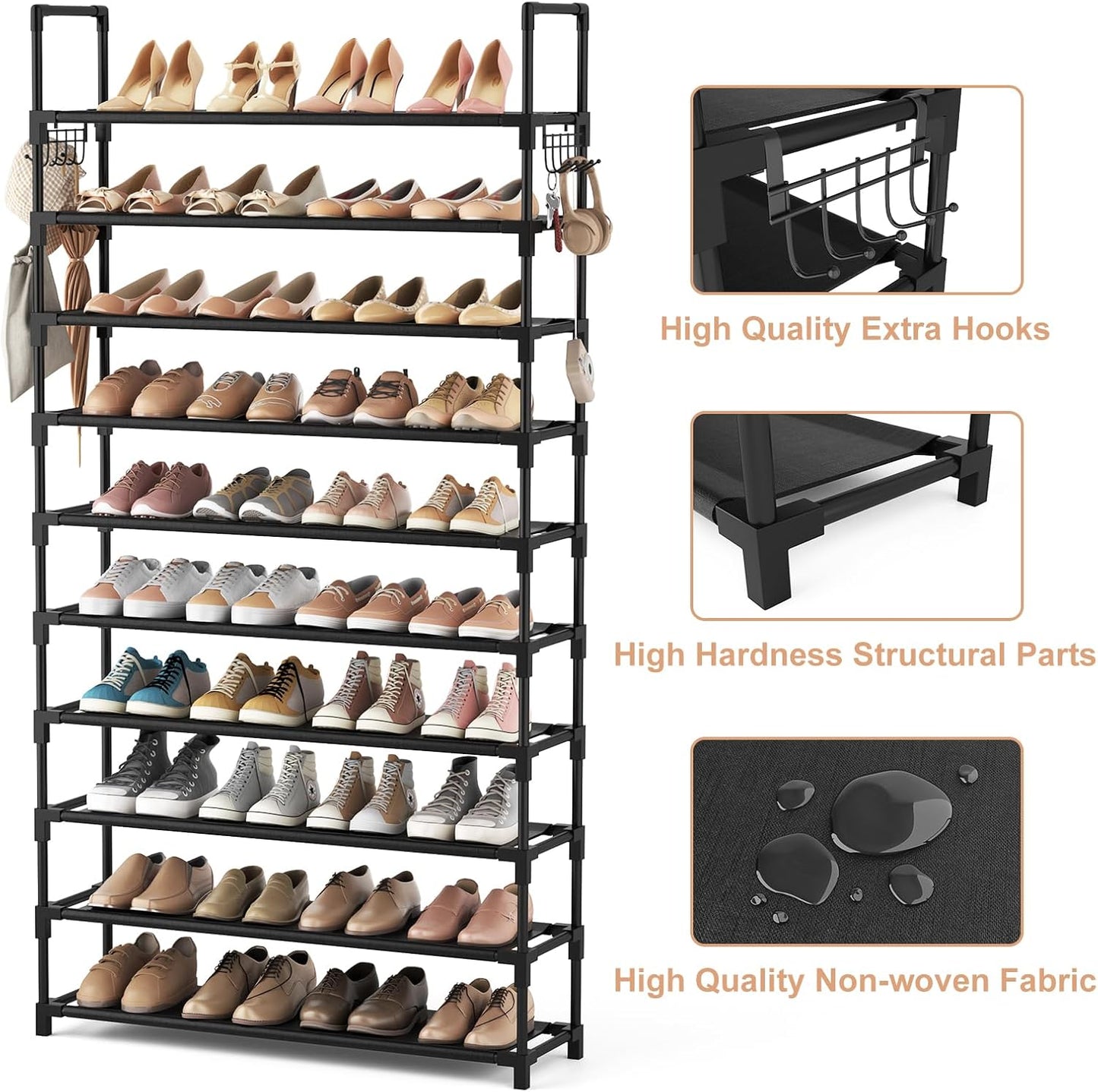 10-Tier Shoe Rack for Closet & Entryway – 50 Pair Large Capacity Shoe Organizer with Hooks & Anti-Fall Rails – Metal Frame Storage Shelf for Bedroom, Apartment, Hallway