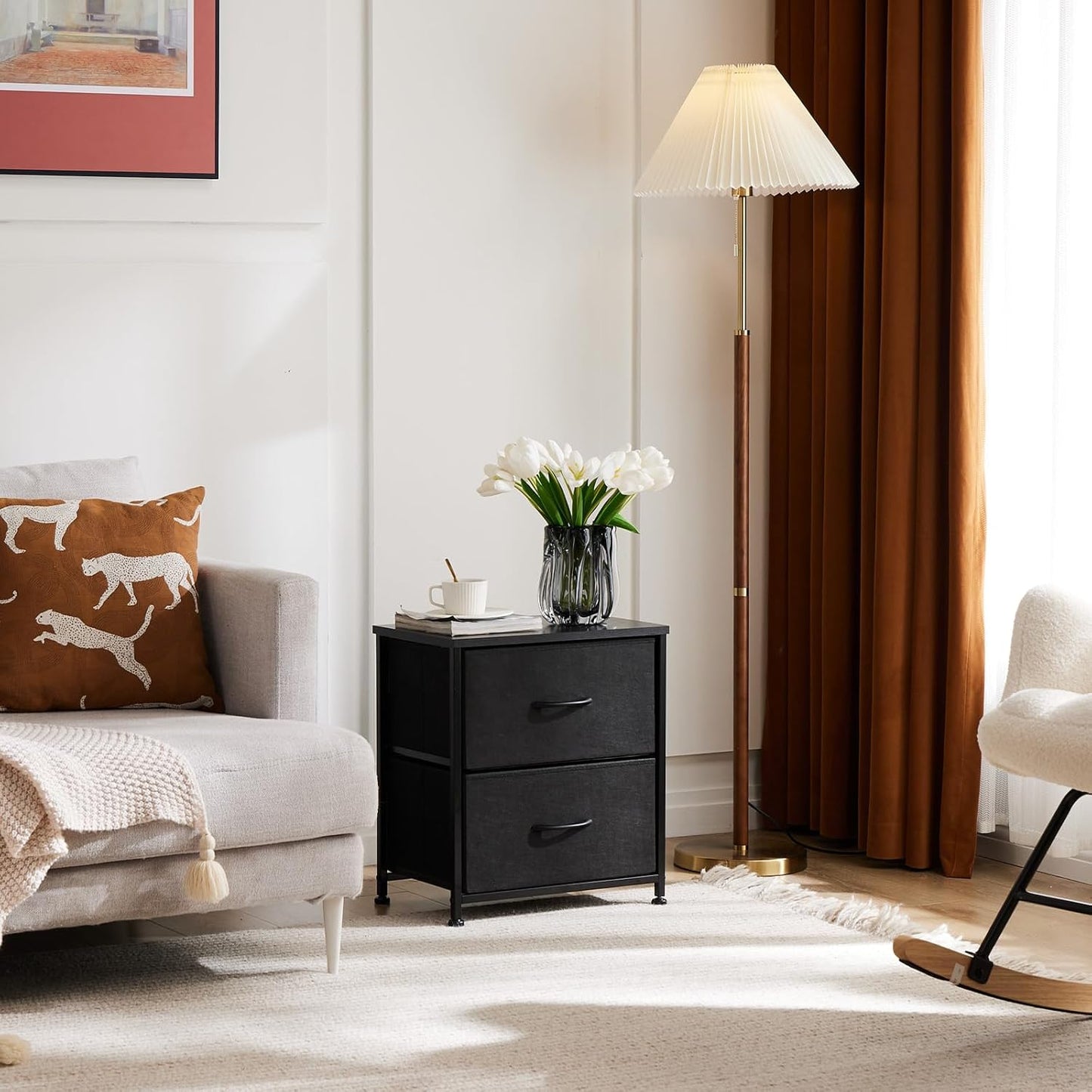 DUMOS Nightstand Small Dresser with 2 Fabric Drawers Side Tables Bedroom End Table Bedside Storage Furniture for 20 inch Tall Night Stand for Entryway, College Dorm, Classic Black