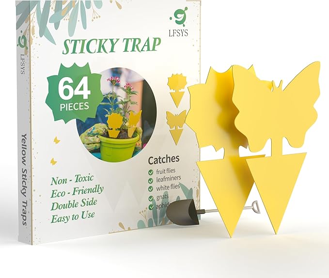 64 Pcs Sticky Trapz for gnat, Yellow Stick Traps for Plants, Fungus gnat Traps Double Side with Shovel, Indoor Safe for Gnat, Fruit Fly, White Fly, Aphid, Leaf Miner - Cart Shape