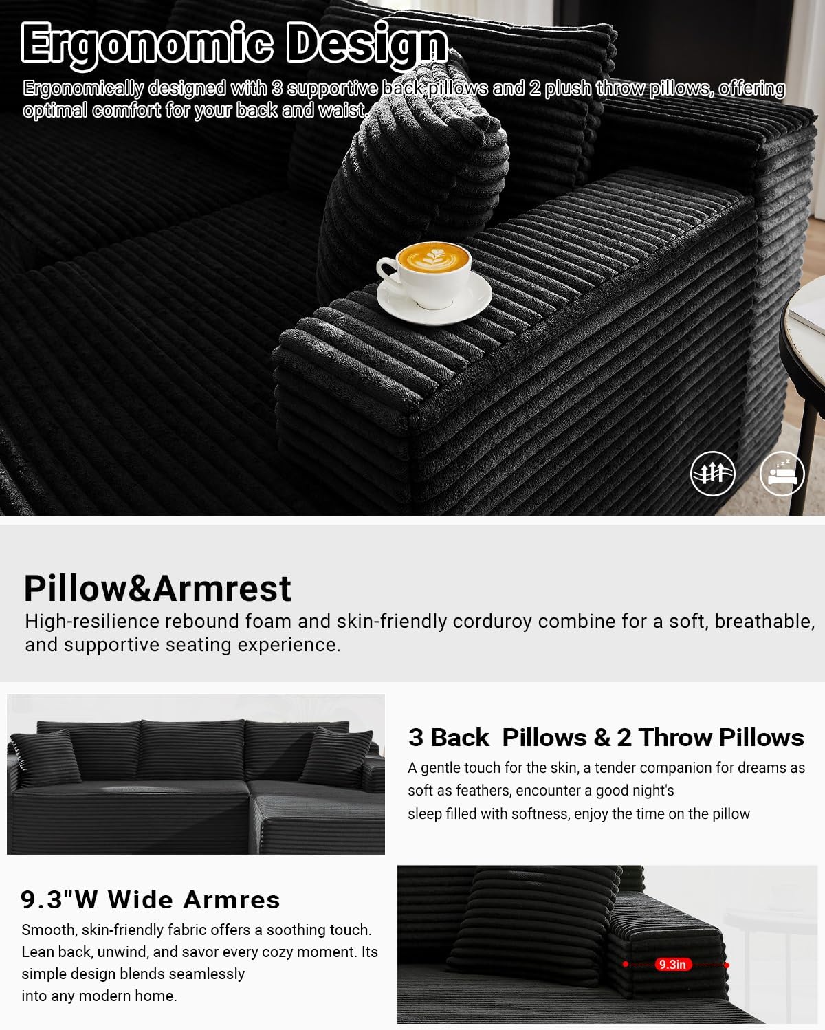 Cloud Sectional Couch,105 Inch Modular Sectional Sofa with Deep Seat,Modern Corduroy Boneless Couches with L-Shape Chaise for Living Room Bedroom,No Assembly Required (Black, Right Facing Chaise)