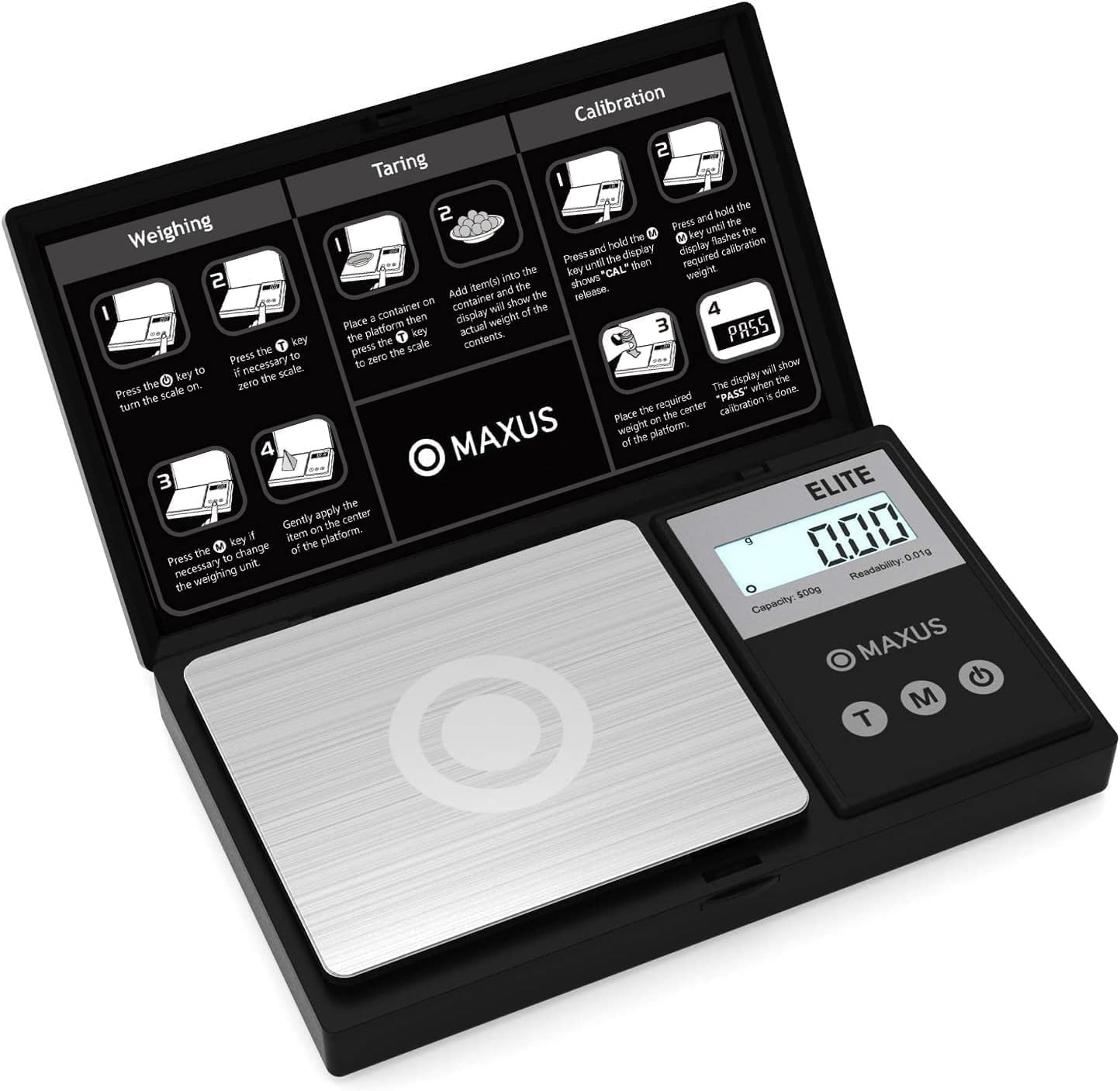 MAXUS Digital Pocket Gram Scale 500g x 0.01g High Precision with Tray, Weighs Small Food, Jewelry, Ounces, Grains, LCD Display, Tare Function
