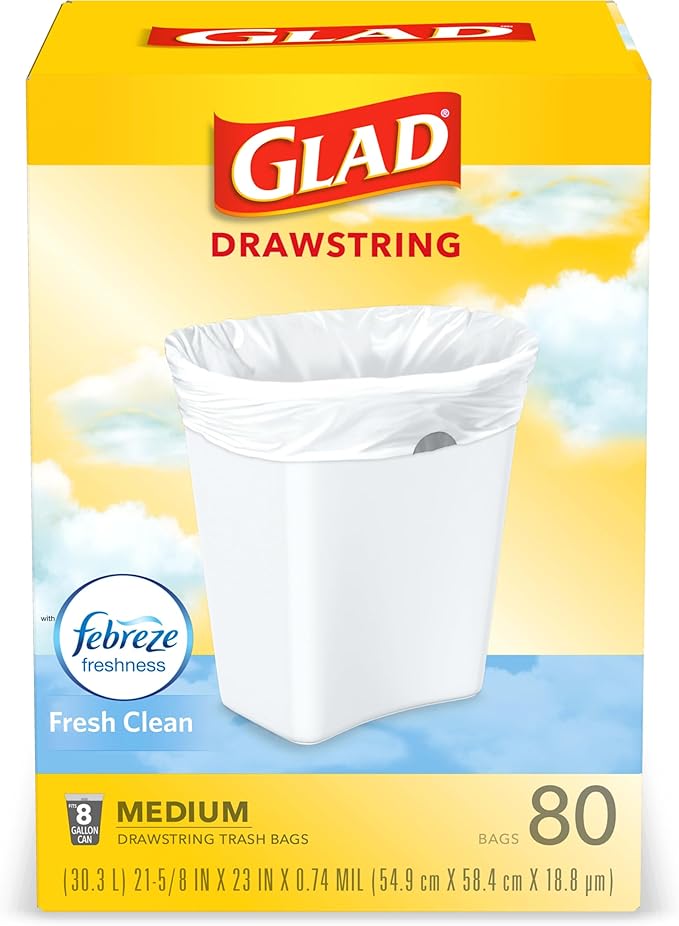 Glad Medium Kitchen Drawstring Trash Bags, 8 Gal, Fresh Clean Scent, 80 Ct (Package May Vary)