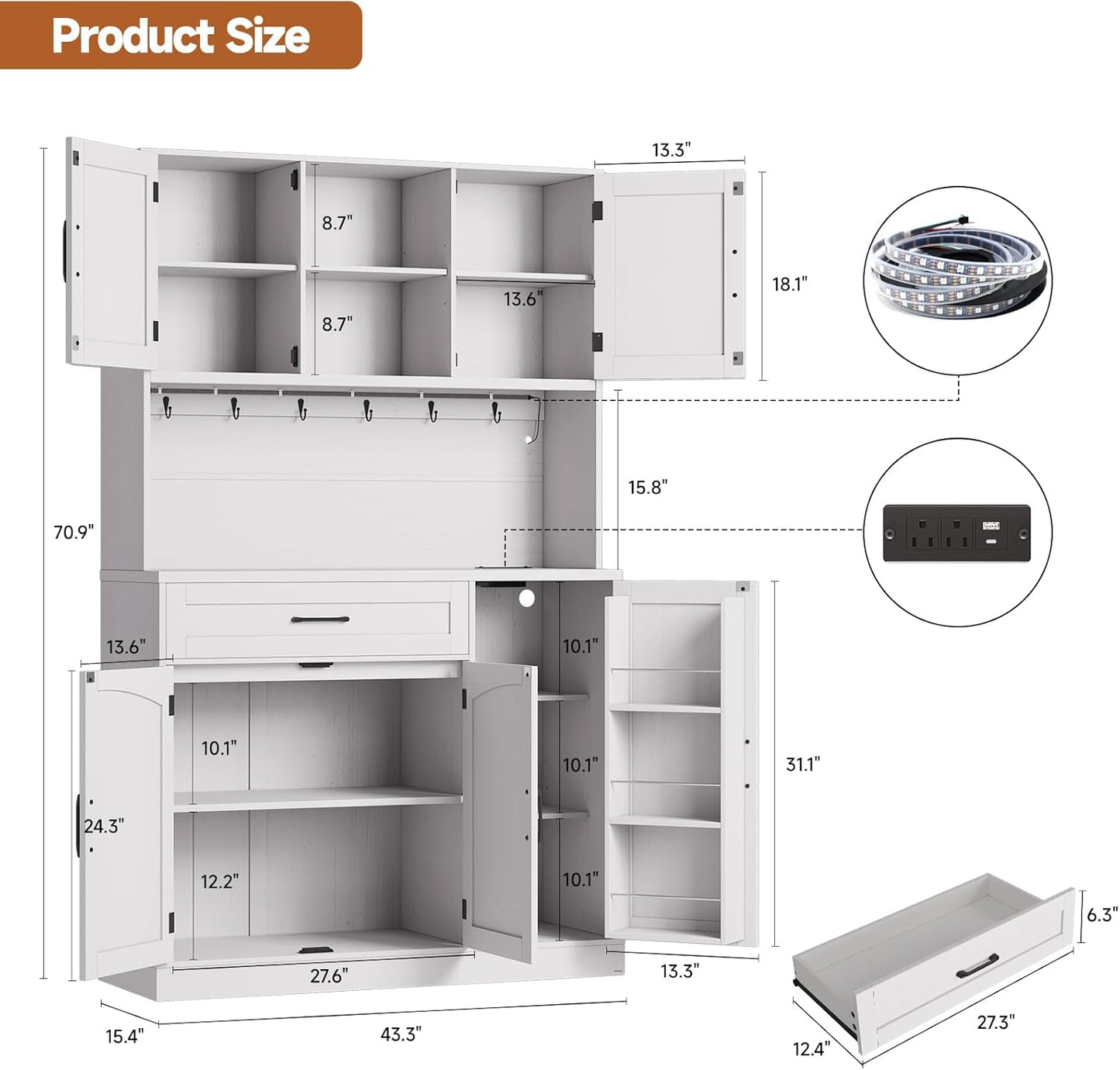 ONBRILL 71" Pantry Cabinet, Kitchen Pantry Storage Cabinet with LED Light & Outlet, Kitchen Hutch with Microwave Shelf & 6 Hooks, Door Shelves & Drawer & Adjustable Shelves, for Dining Room