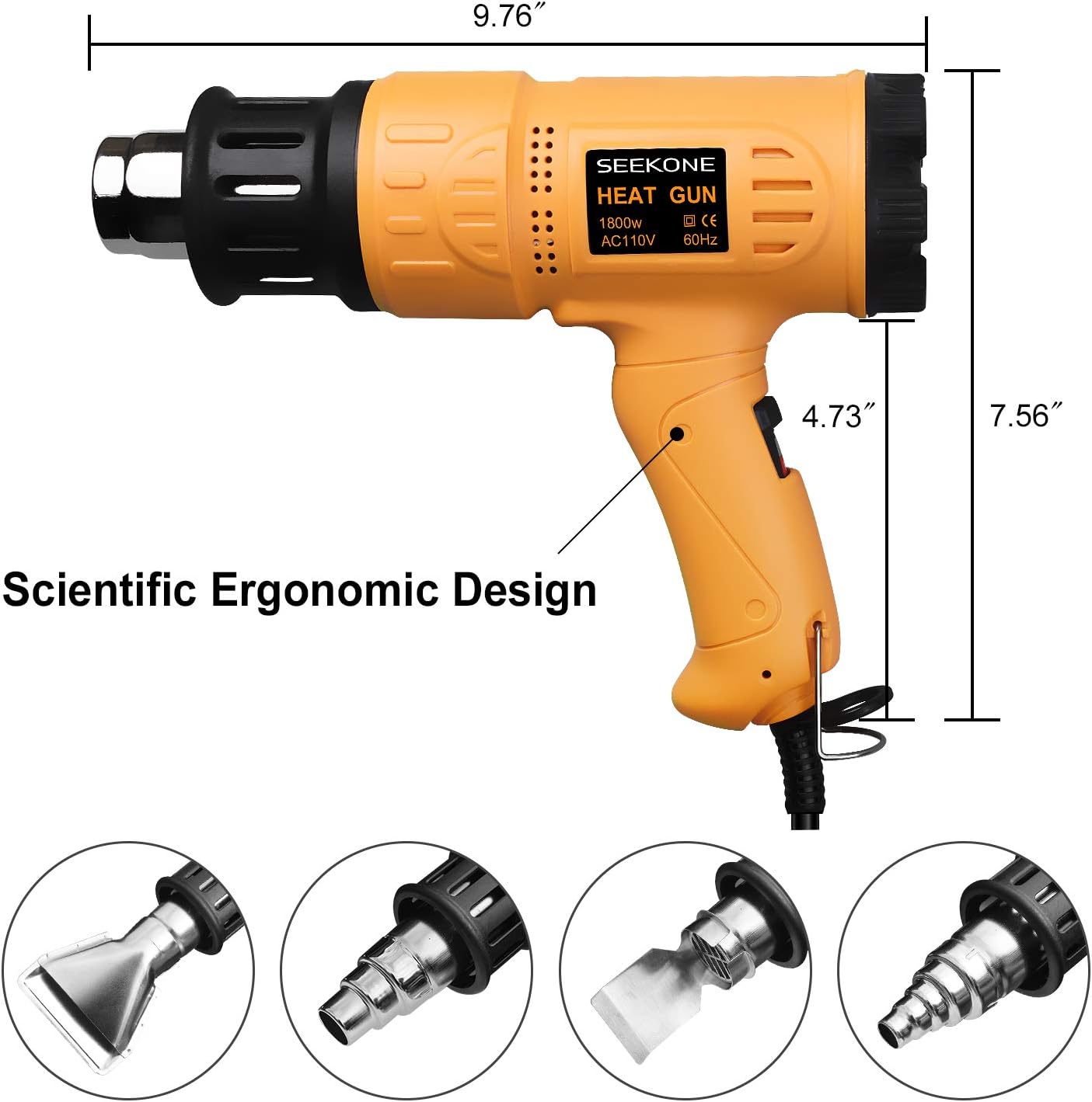 SEEKONE Heat Gun 1800W 122℉-1202℉(50℃- 650℃)Fast Heating Heavy Duty Hot Air Gun Kit Variable Temperature Control Overheat Protection with 4 Nozzles for Crafts, Shrinking PVC, Stripping Paint(5.2FT)