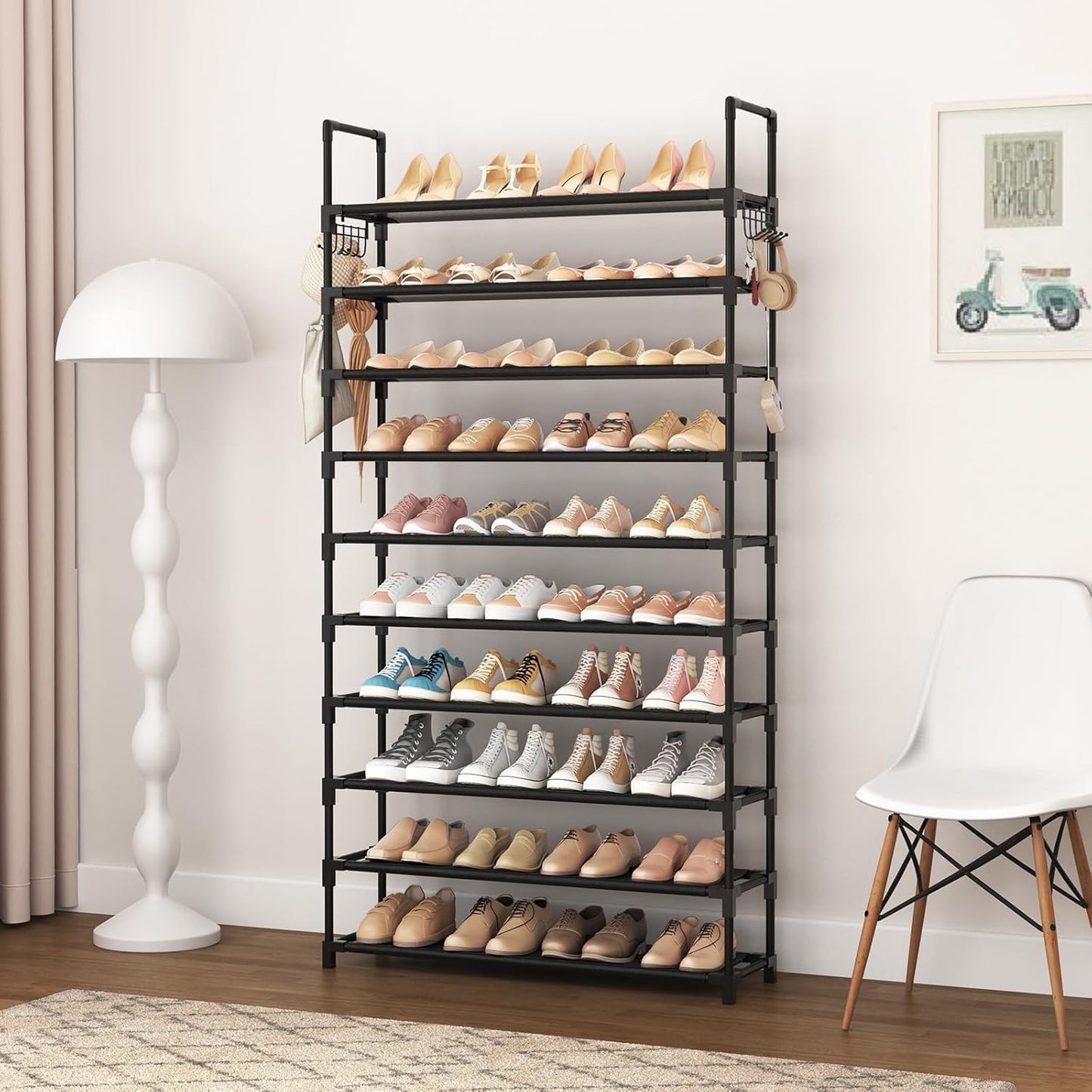 10-Tier Shoe Rack for Closet & Entryway – 50 Pair Large Capacity Shoe Organizer with Hooks & Anti-Fall Rails – Metal Frame Storage Shelf for Bedroom, Apartment, Hallway