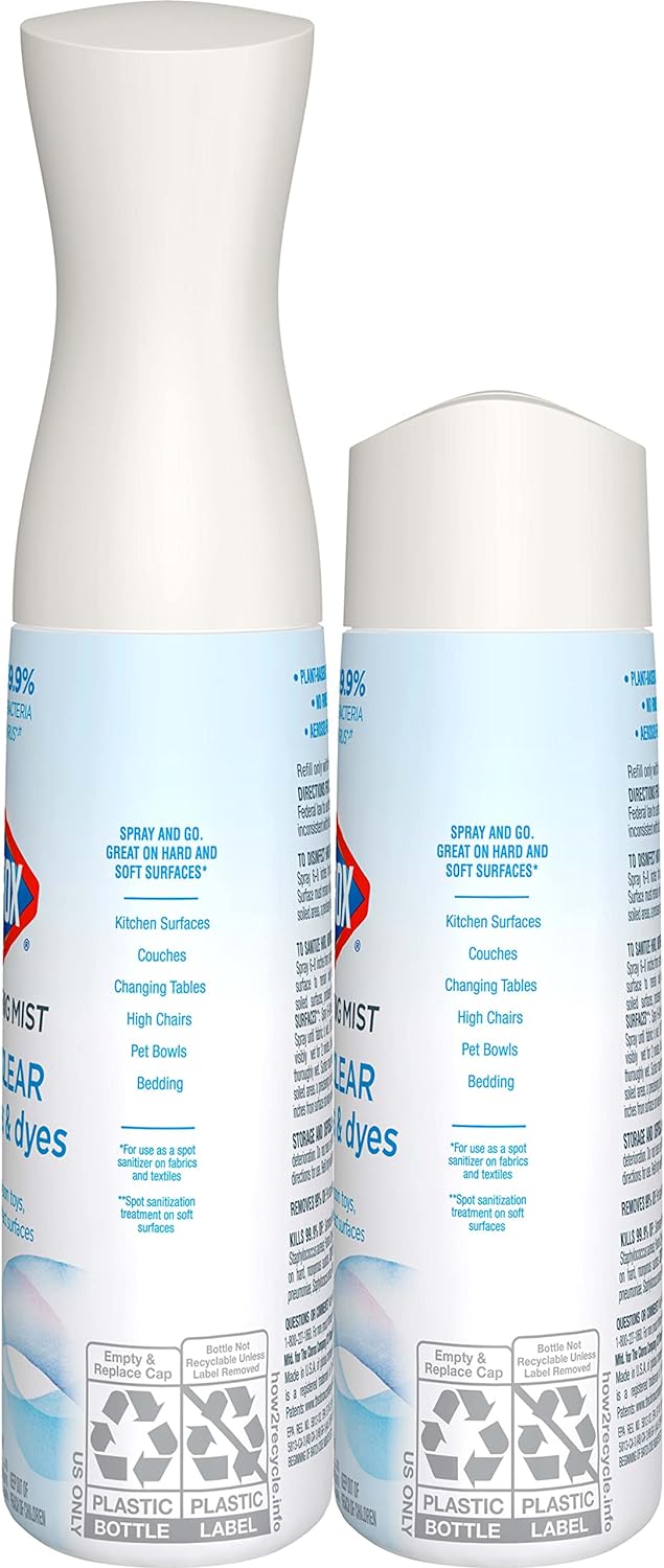 Clorox Free & Clear Disinfecting Mist, Household Essentials, 1 Spray Bottle and 1 Refill, 14 Fl Oz Each