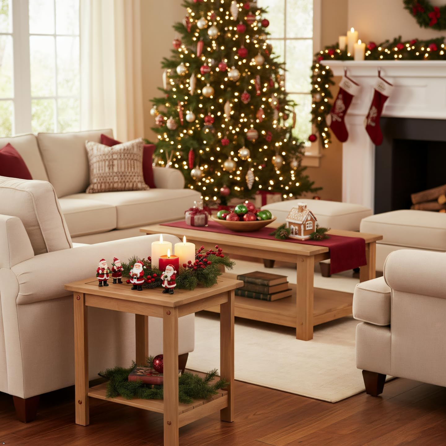 Double Adirondack Side Table, Weather-Resistant Rectangular End Table for Patio, Garden, Lawn, and Living Room. Ideal as a Stylish Indoor and Outdoor Side Table Companion, Natural