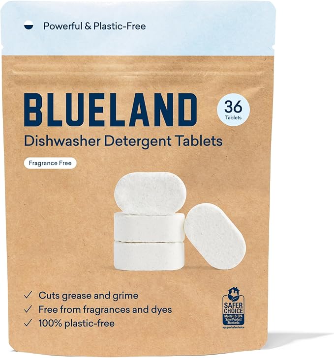 BLUELAND Dishwasher Detergent Tablets, 36 Count, Unscented 100% Plastic-Free Eco Friendly Dishwashing Pods, Natural, Sustainable