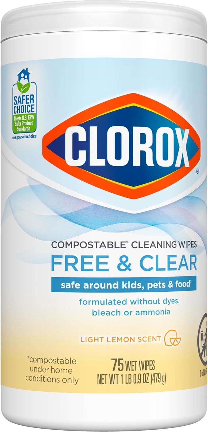 Clorox Free & Clear Compostable Cleaning Wipes, Light Lemon Scent, 75 Count, Pack of 3 (Pack May Vary)