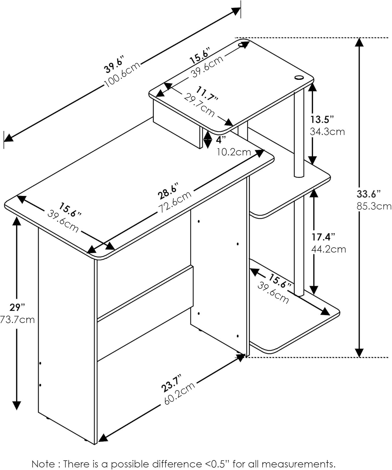 Furinno EFFICIENT Desk, Gaming Desk, with 3 Open Side Shelves, Laptop Notebook Computer Desk,Office Desk for Home Office, Study Room, Dorm, Espresso