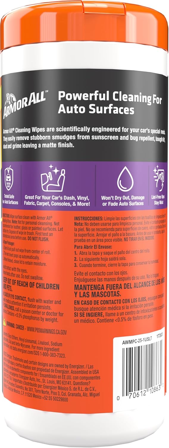 Armor All Interior Car Cleaning Wipes, 25 Count Canister, Powerful Cleaning for Dashboards, Vinyl, Clear Plastics, Carpet and Fabric