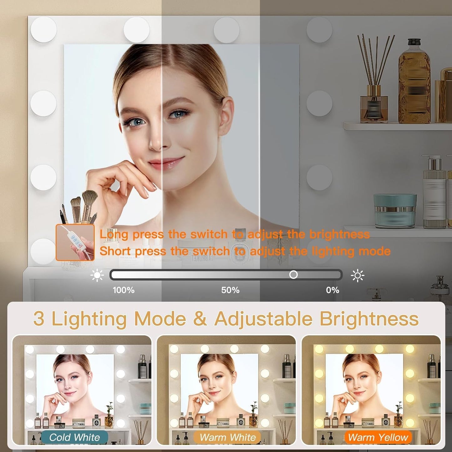 Quimoo Vanity Desk with Mirror & Lights, Makeup Vanity with 5 Drawers & Storage Shelves, White Vanity Table, 3 Color Modes & Adjustable Brightness, Dressing Table, Bedroom