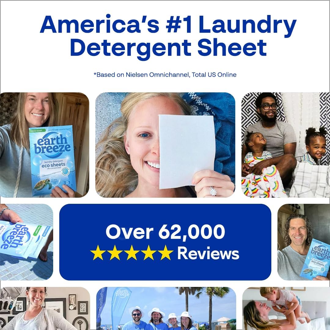 Earth Breeze Laundry Detergent Sheets Fresh Scent - 60 Loads Eco Liquidless Soap - Travel-Friendly for Hot & Cold Cycles, Tackles Tough Stains & Odors - Gentle on Skin, 30 Ct