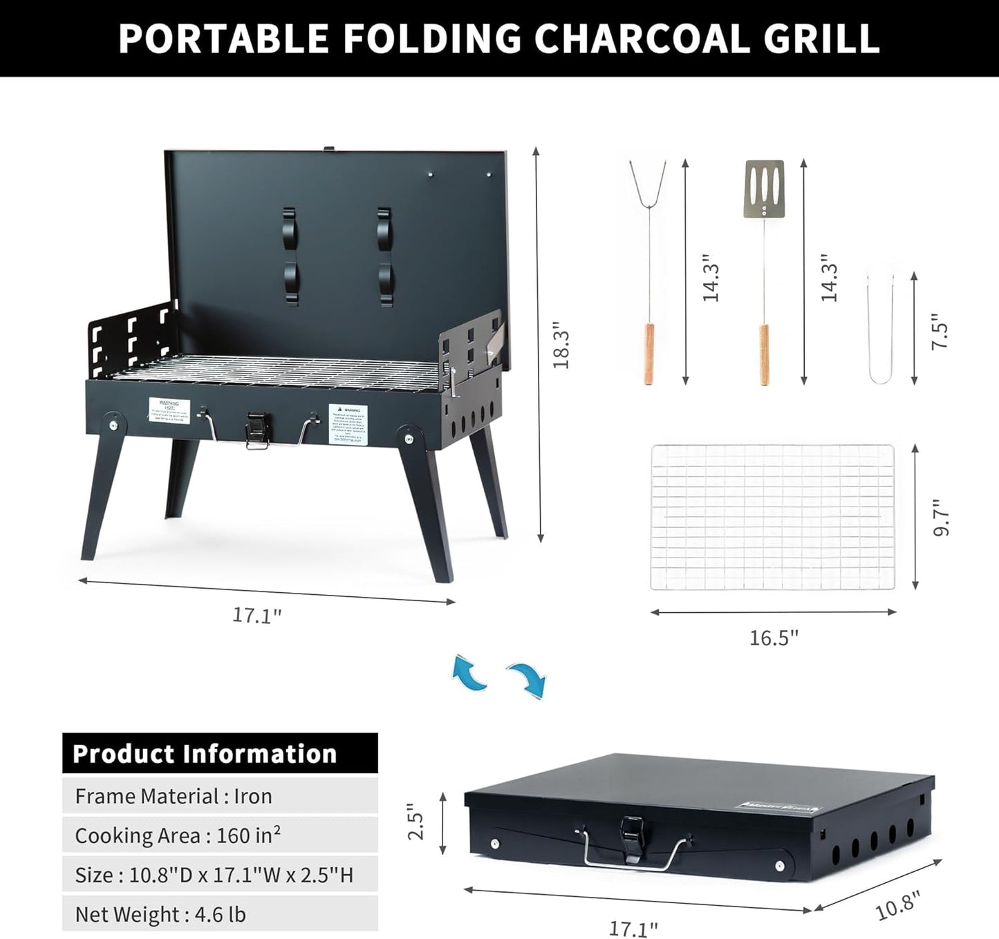 MASTER COOK Portable Charcoal Grill, Foldable BBQ Grill Kit Easy to Carry, Mini Tabletop Grill for Outdoor Camping, Patio and Picnic, 17.1”*10.8”*2.5”