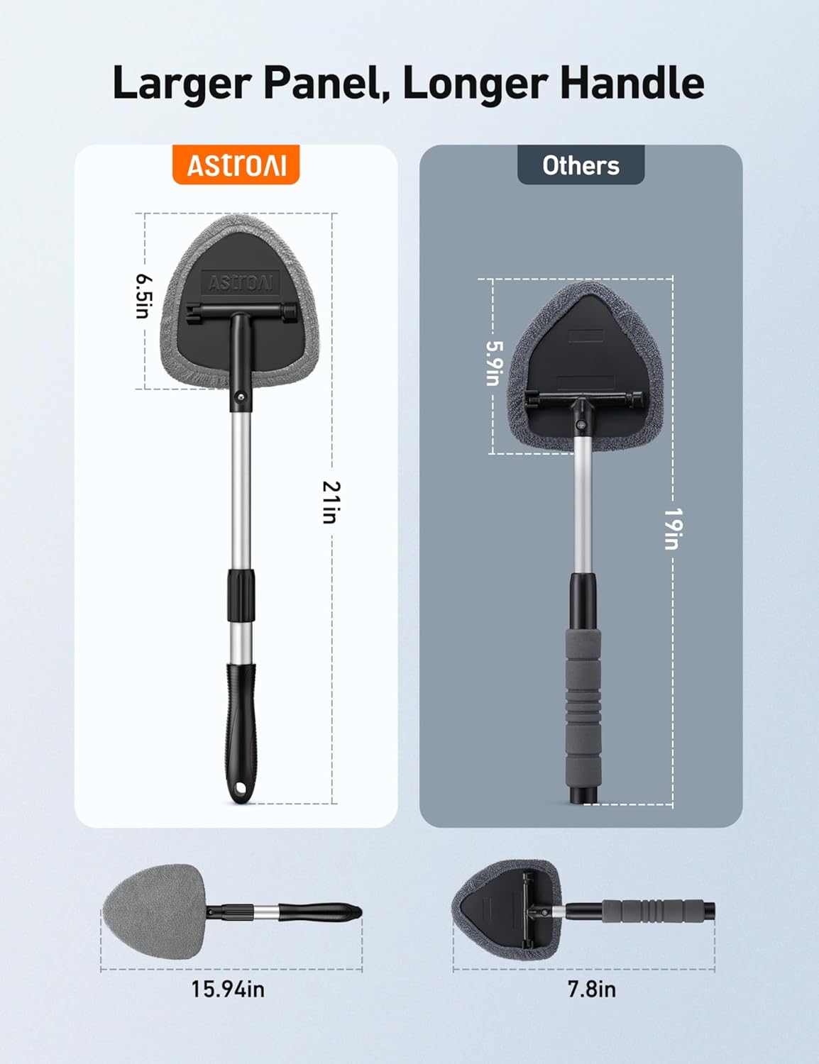 AstroAI Windshield Cleaner Tool, Car Interior Detailing Cleaning Kit with Extendable Handle and 4 Upgraded High-Density Reusable Microfiber Pads, Auto Glass Wiper Brush Kit for Cars, Gray, 15.9in-21in