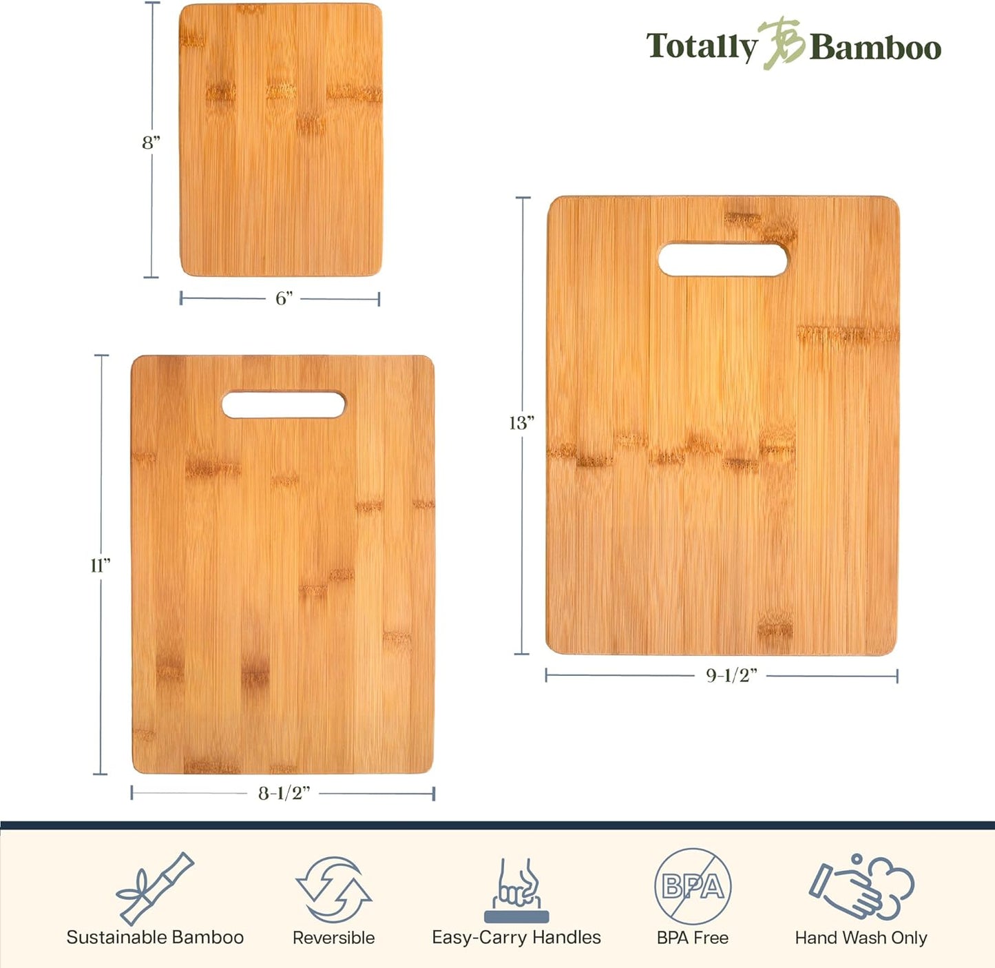 Totally Bamboo 3-Piece Bamboo Cutting Board Set – Wooden Cutting Boards for Kitchen – Great for Chopping and Serving – Large, Medium & Small Sizes for Food Prep