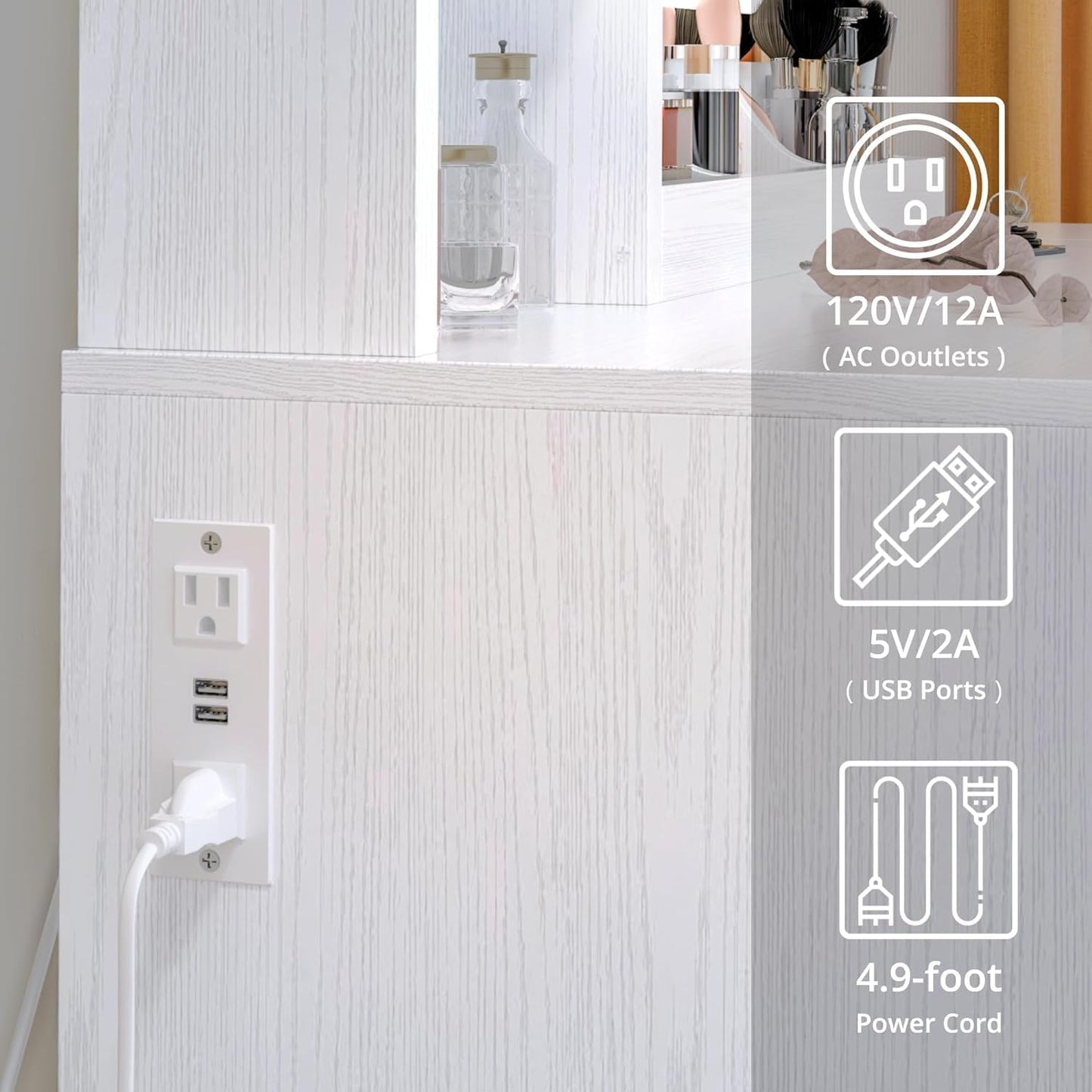 IRONCK Vanity Desk with LED Lighted Mirror & Power Outlet, Makeup Table with Drawers & Cabinet,Storage Stool, White