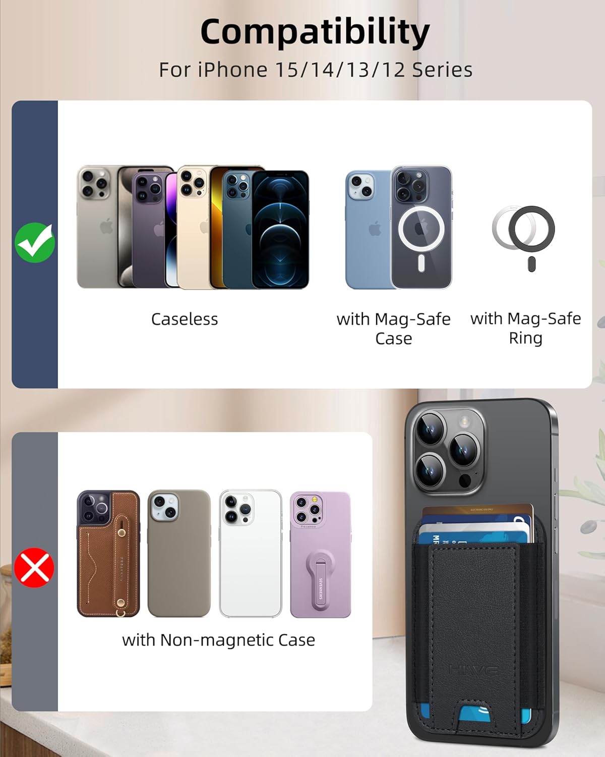 for MagSafe Wallet, Stronger Magnetic Wallet for iPhone 17/16/15/14/13/12 Series, 7 Cards Holder, Magnetic Phone Wallets, Vegan Leather Minimalist Slim RFID for iPhone Wallets, 1 Slot, Black & Black