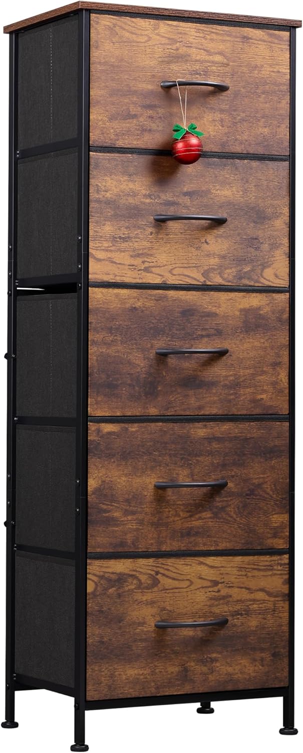 WLIVE Fabric Dresser for Bedroom, 5-Drawer Tall Dressers, Storage Organizer with Fabric Bins, Wood Top, Sturdy Steel Frame, Chest of Drawers for Closet, Hallway, Rustic Brown Wood Grain Print