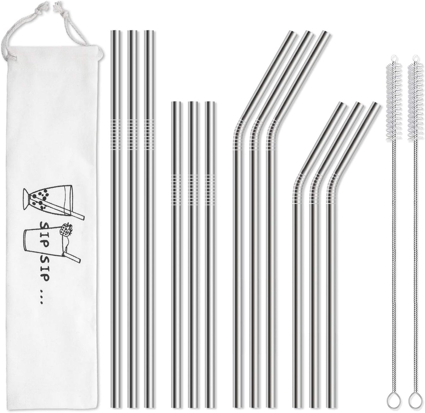 Hiware 12-Pack Reusable Stainless Steel Metal Straws with Case - Long Drinking Straws for 30 oz and 20 oz Tumblers Dishwasher Safe - 2 Cleaning Brushes Included