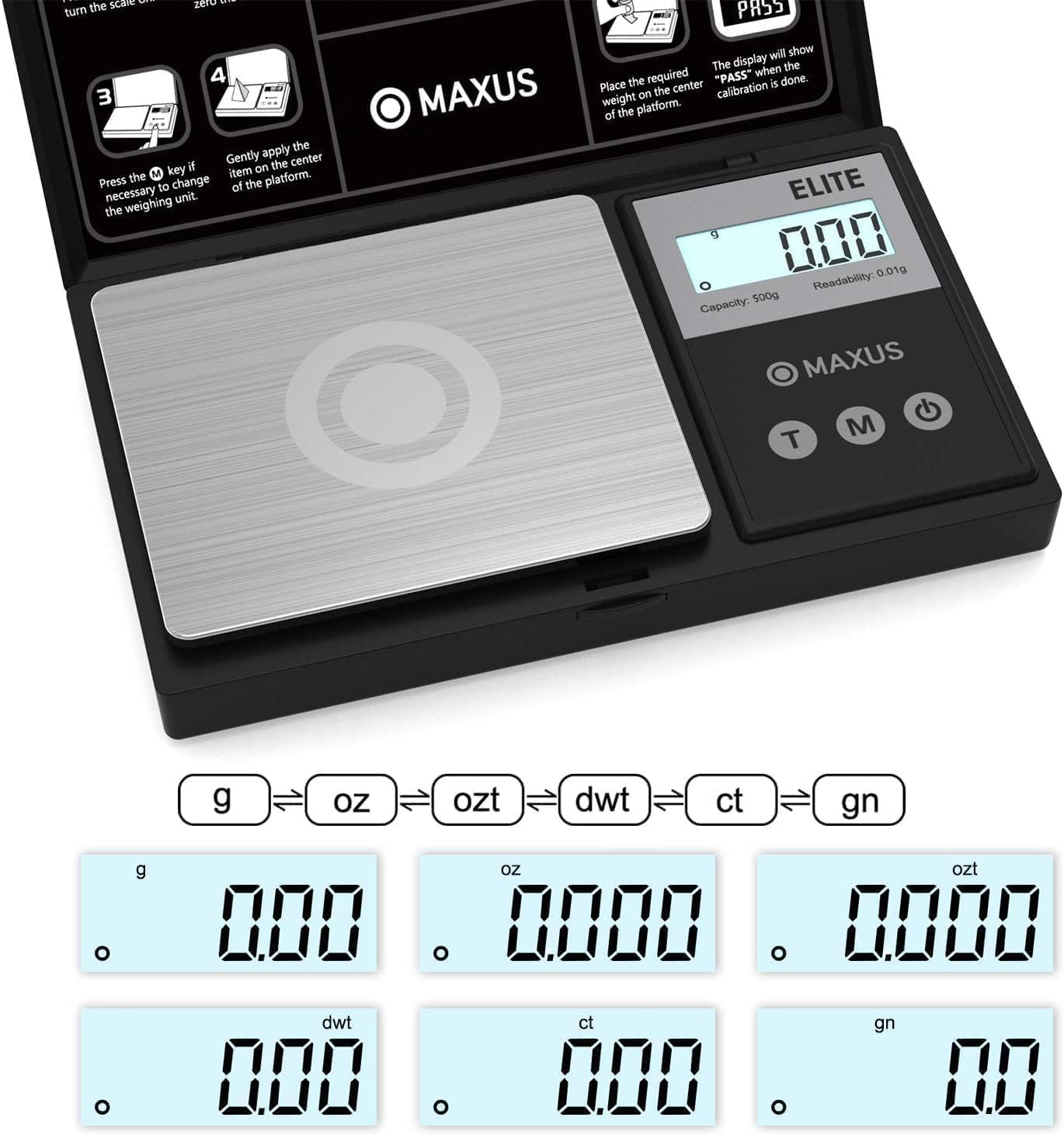 MAXUS Digital Pocket Gram Scale 500g x 0.01g High Precision with Tray, Weighs Small Food, Jewelry, Ounces, Grains, LCD Display, Tare Function