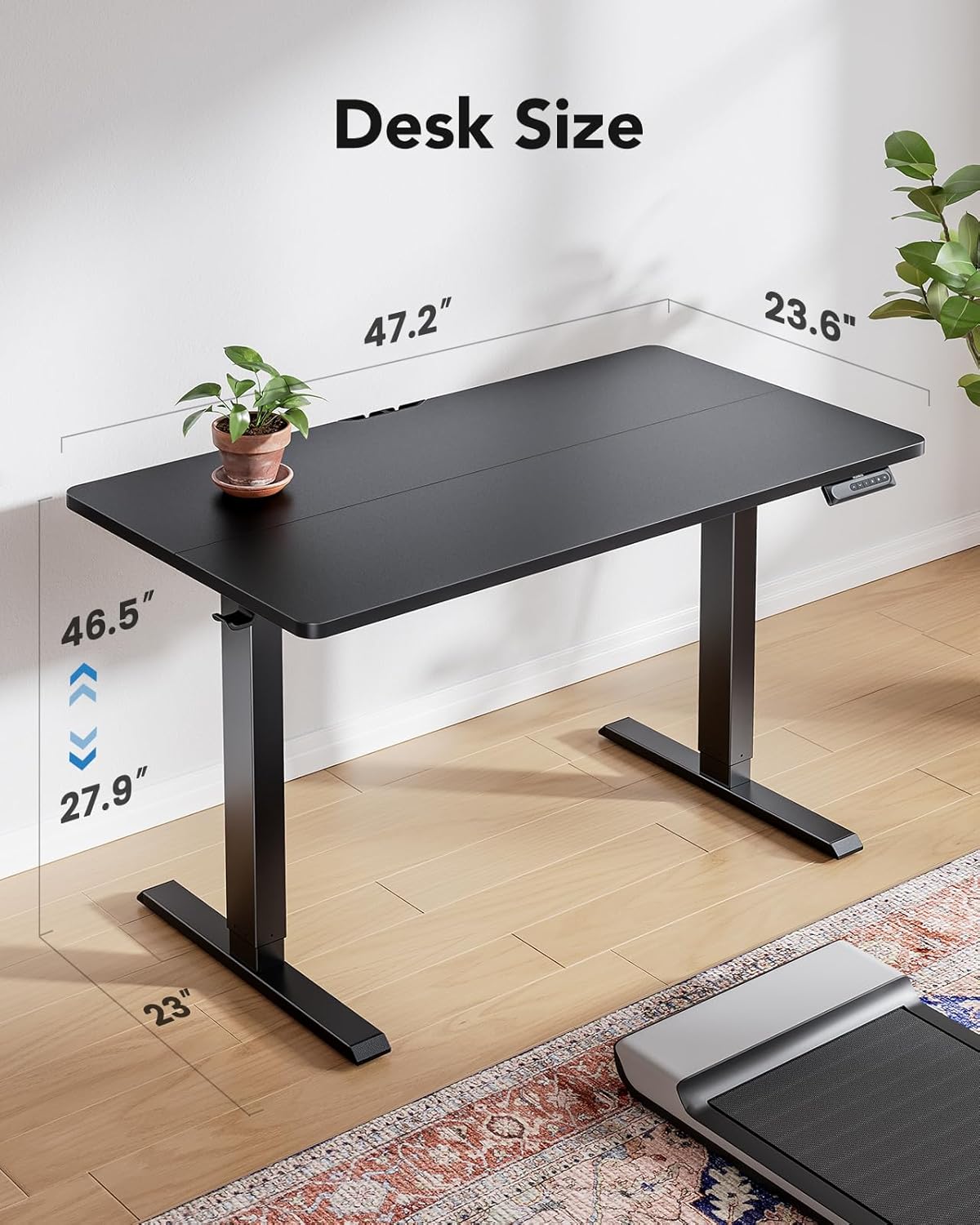 HUANUO 48" x 24" Electric Standing Desk Adjustable Height, 4 Memory Height Settings, Headphone Hook, Cable Manager, Sit Stand Up Desk for Home Office & Computer Workstation, Black