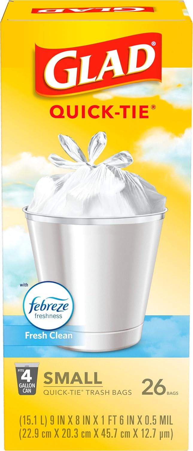 Glad OdorShield Small Trash Bags, Febreze Fresh Clean, 4 Gal, 26 Ct (Package May Vary)