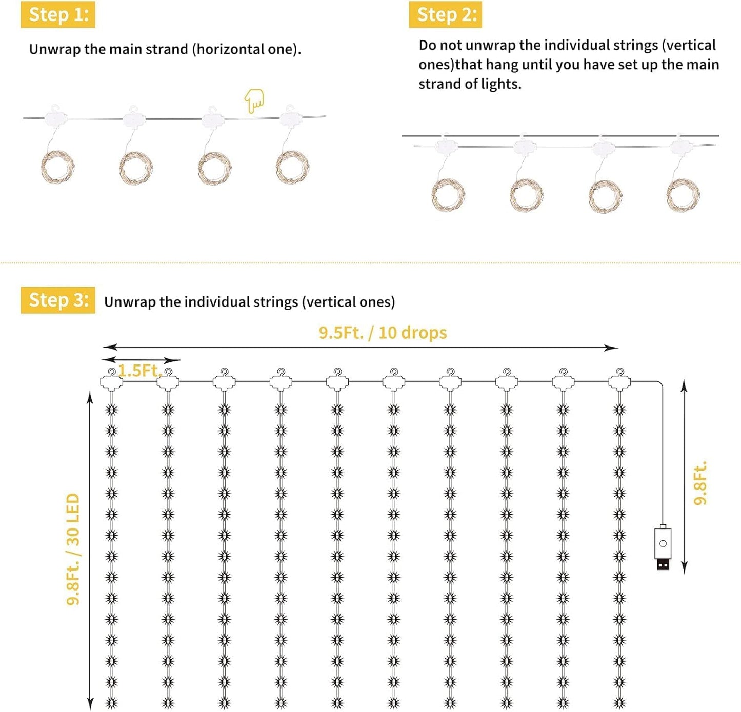 Minetom Curtain Lights, 300 LED Dimmable Fairy Lights with Remote and Timer, 8 Modes, USB Powered String Lights for Room Wall Party Xmas Indoor Decor, Warm White