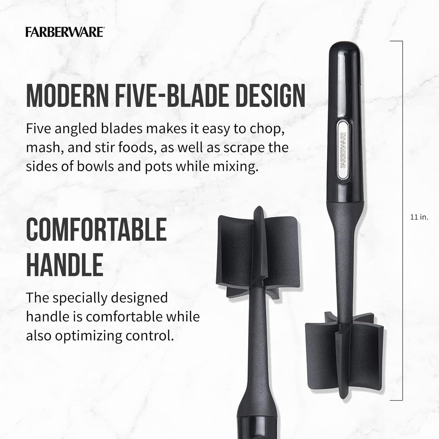 FARBERWARE Nylon Meat and Potato Masher – 5-Blade Ground Meat Chopper, Heat-Resistant to 450°F, Safe for Nonstick Cookware, Ergonomic Handle, 10-Inch, Dishwasher-Safe, Black