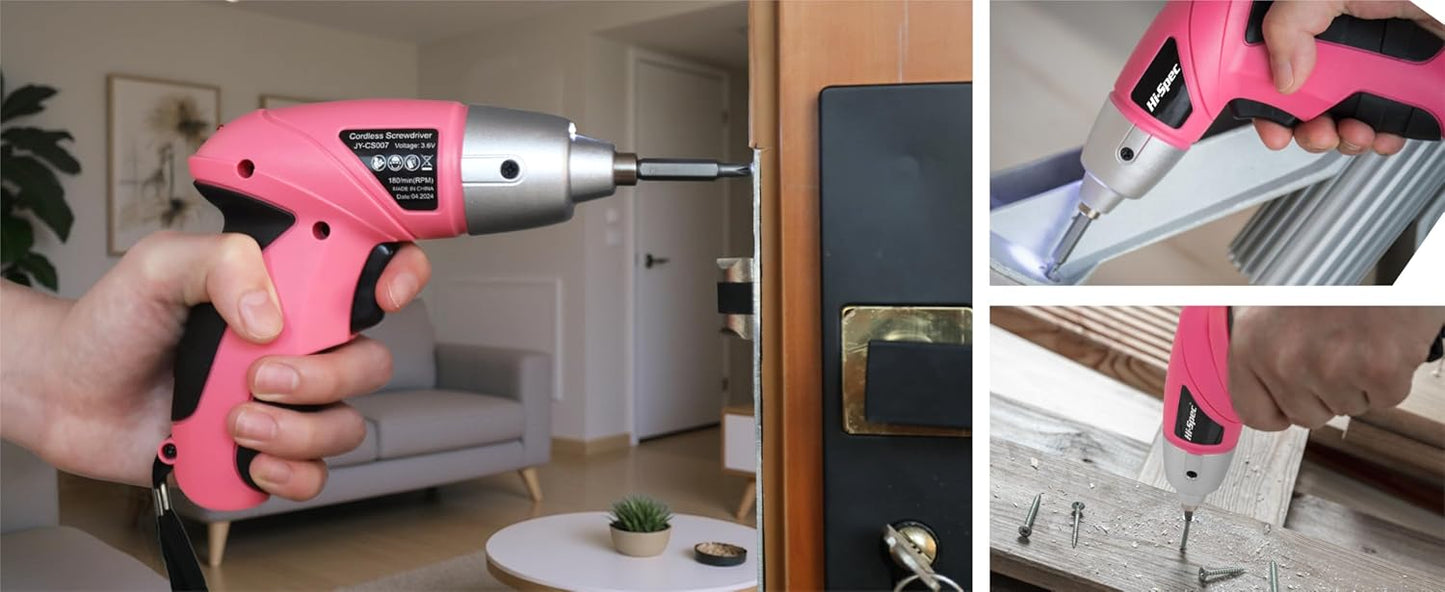 Hi-Spec Electric Screwdriver 27pc 3.6V Pink USB Small Power Screwdriver Set. Cordless & Rechargeable with Driver Bit Set