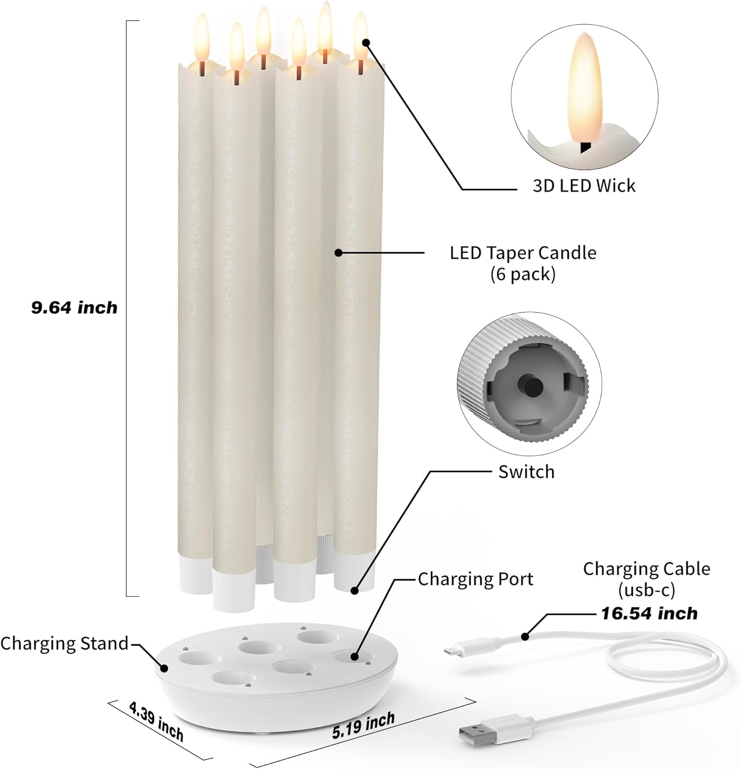 Rechargeable Flameless Taper Candles with Charging Station, 6 Pcs Real Wax LED Taper Candles Flickering with Remote&Timer, 3D Flame Battery Candlesticks for Home Wedding Christmas Decor (Ivory)