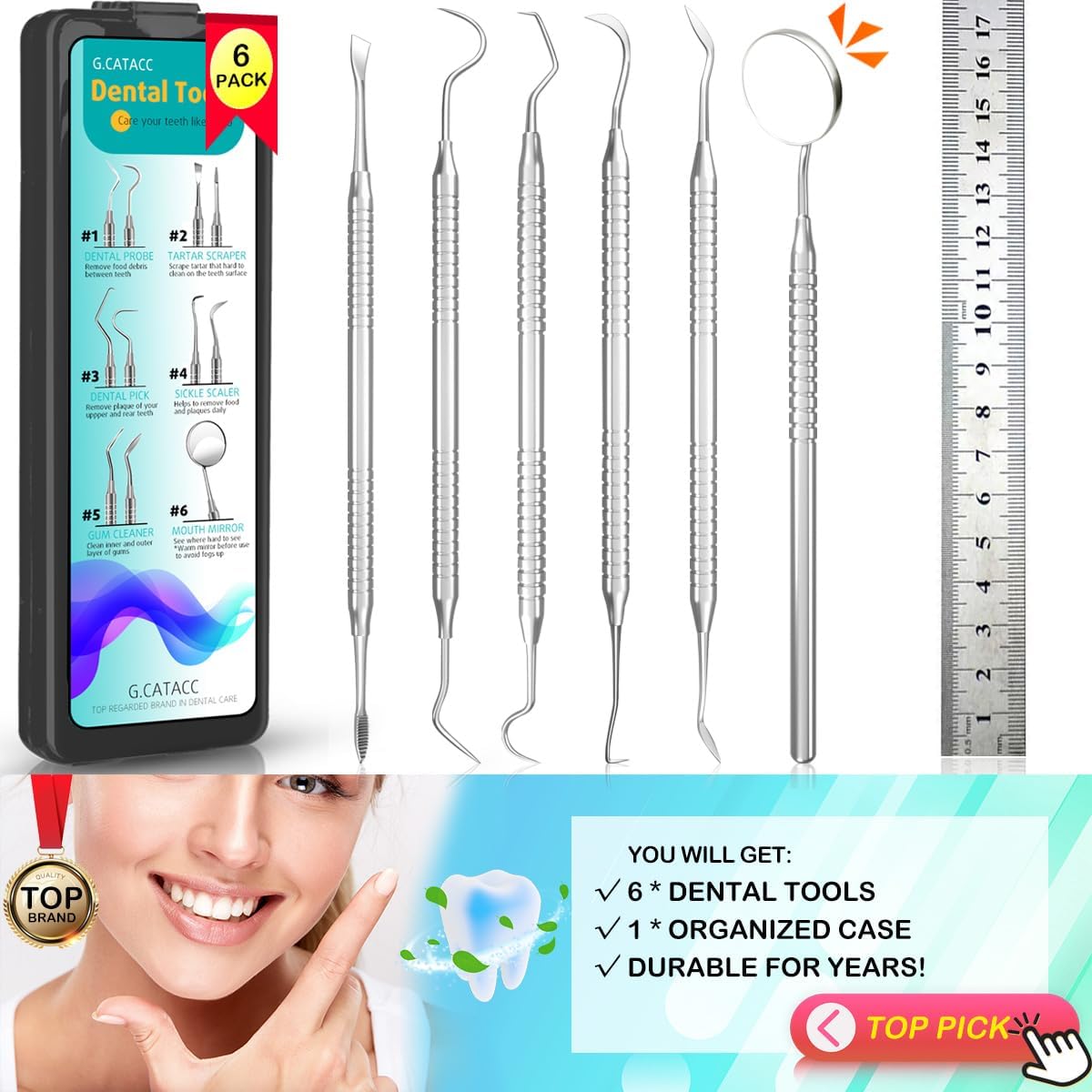 Dental Tools, Dental Pick for Teeth Cleaning, Stainless Steel Hygiene Kit with Tooth Scraper Plaque Tartar Remover - with Case