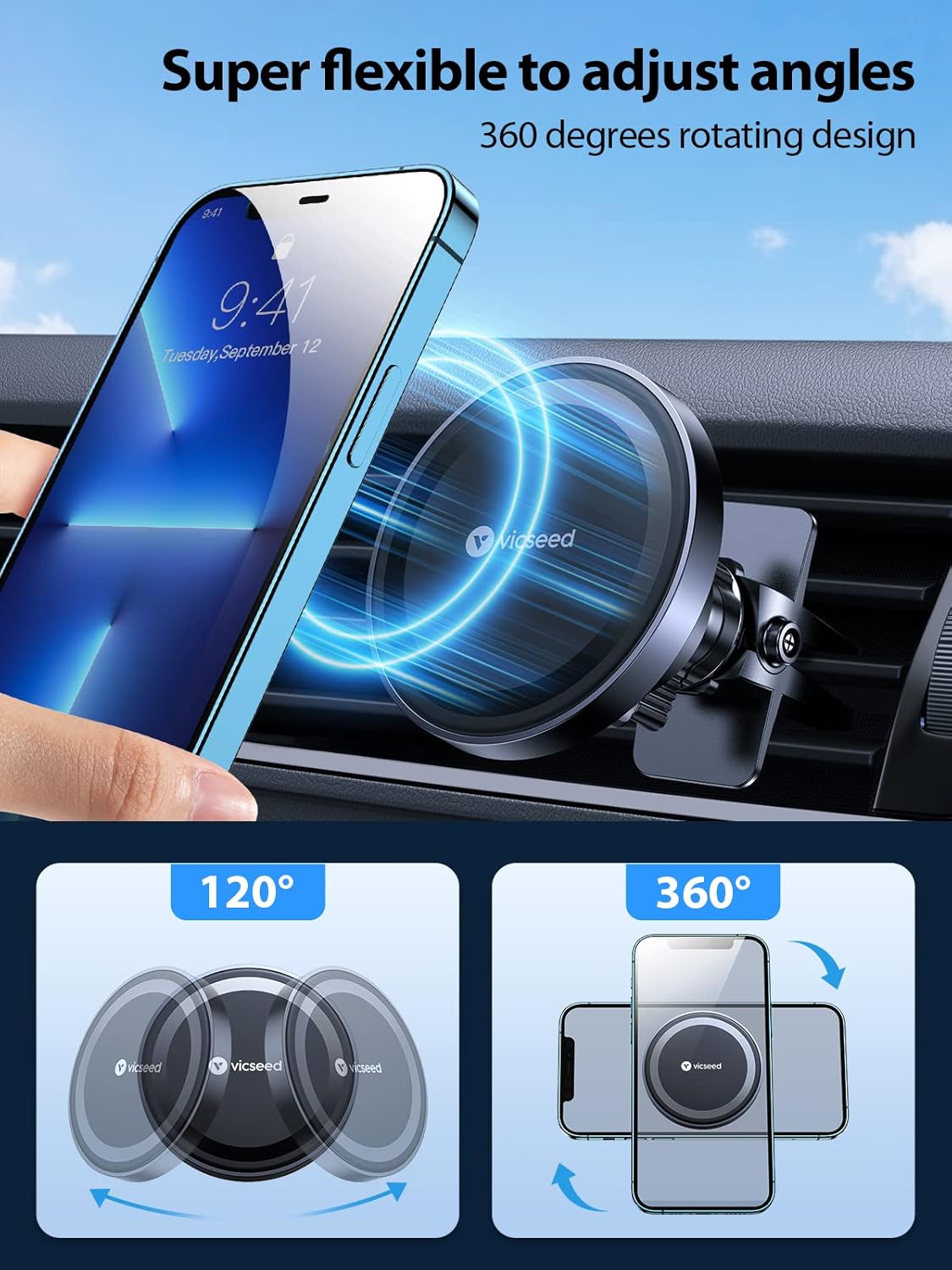 VICSEED for MagSafe Car Mount Upgraded Strongest Magnet Power Magnetic Phone Holder for Car Vent 360 Adjustable Magnetic Car Phone Holder Mount for iPhone 17 Pro Max 16 15 14 13 12 Plus Mini