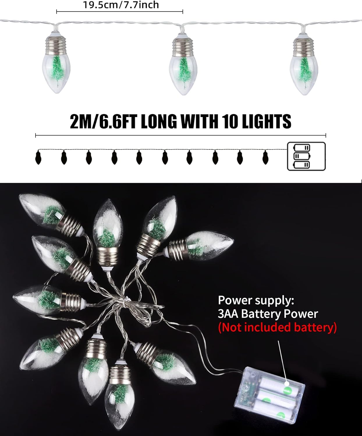 2Pcs Christmas Snow Globe String Lights Indoor Decorations 6.6 FT Battery Operated Powered String Lights for Christmas Tree Snow Scene in 20 Clear Bulbs Decor for Home Bedroom Fireplace Xmas Lights