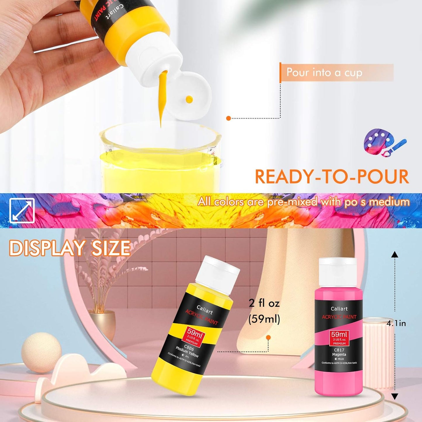 Caliart 24 Colors Acrylic Paint Set with 12 Brushes, Art Craft Paints Gifts Trendy Stuff for Adults Artists, Halloween Pumpkin Canvas Ceramic Rock Eggs Painting Kit Art Supplies