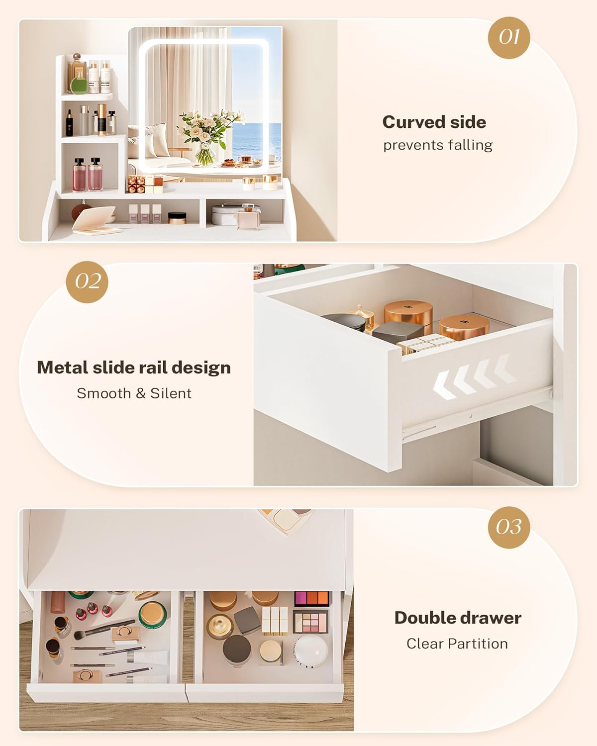 Small Makeup Vanity Desk with Lighted Mirror, White, 23.62" W x 15.74" D x 53.93" H (Smart LED Mirror, Open Shelves, 2 Drawers)